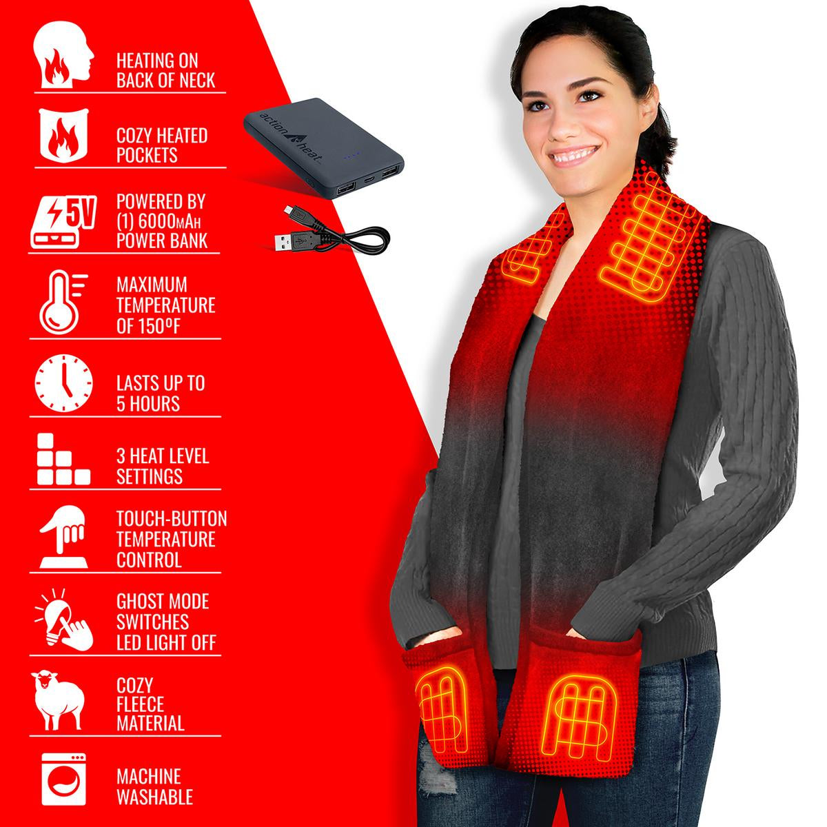 ActionHeat 5V Battery Heated Fleece Scarf with Pockets