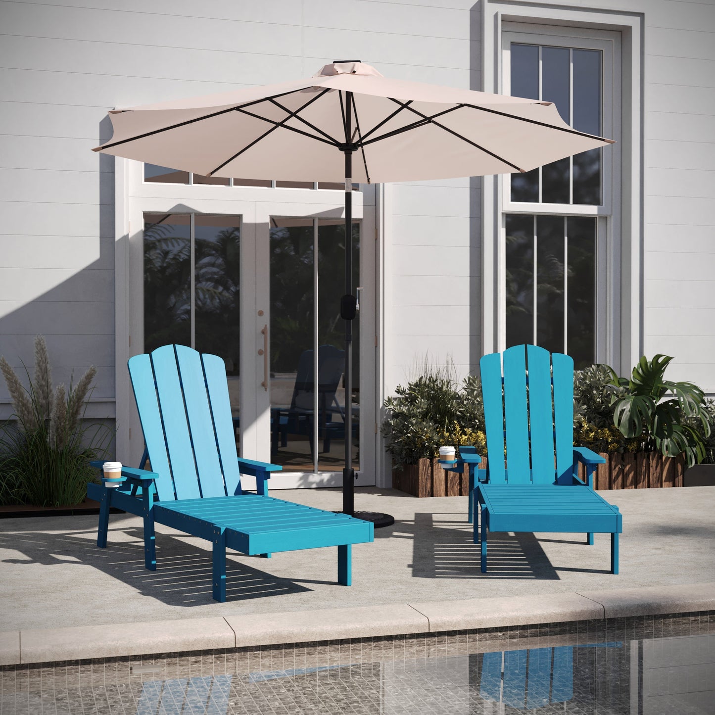 Sonora Set of 2 Commercial Grade Adjustable Adirondack Loungers with Cupholder, All-Weather Indoor/Outdoor Recycled HDPE Lounge Chair