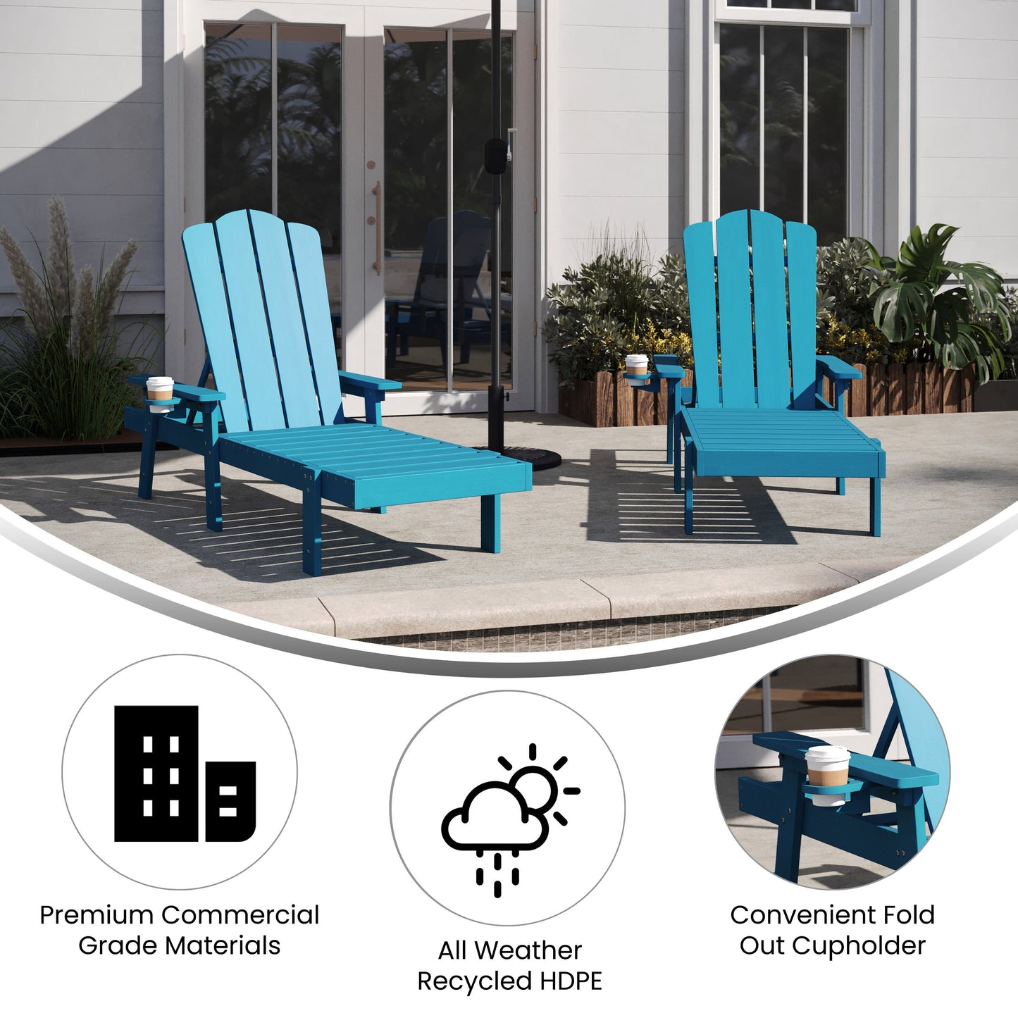 Sonora Set of 2 Commercial Grade Adjustable Adirondack Loungers with Cupholder, All-Weather Indoor/Outdoor Recycled HDPE Lounge Chair