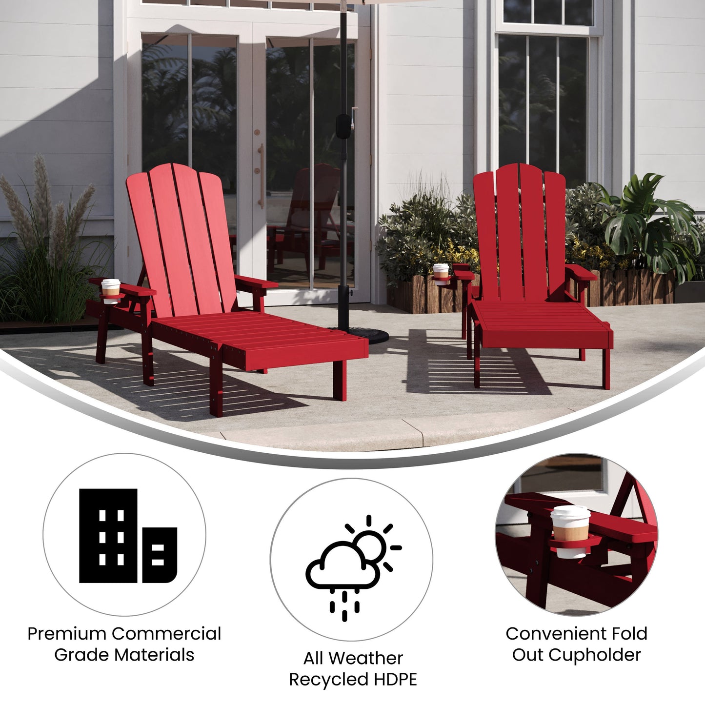 Sonora Set of 2 Commercial Grade Adjustable Adirondack Loungers with Cupholder, All-Weather Indoor/Outdoor Recycled HDPE Lounge Chair