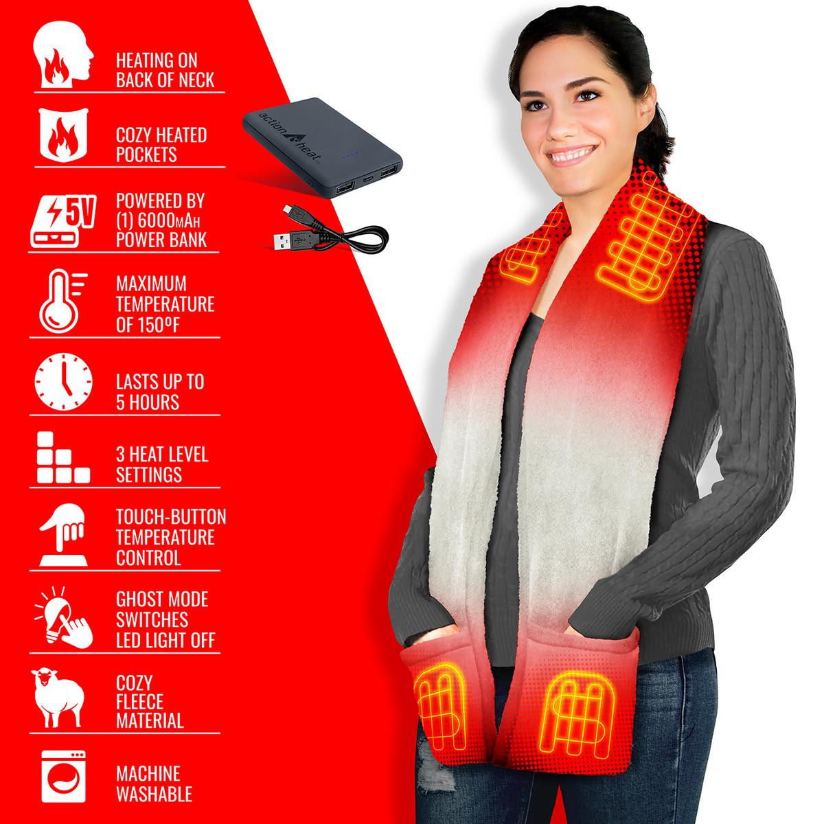 ActionHeat 5V Battery Heated Fleece Scarf with Pockets