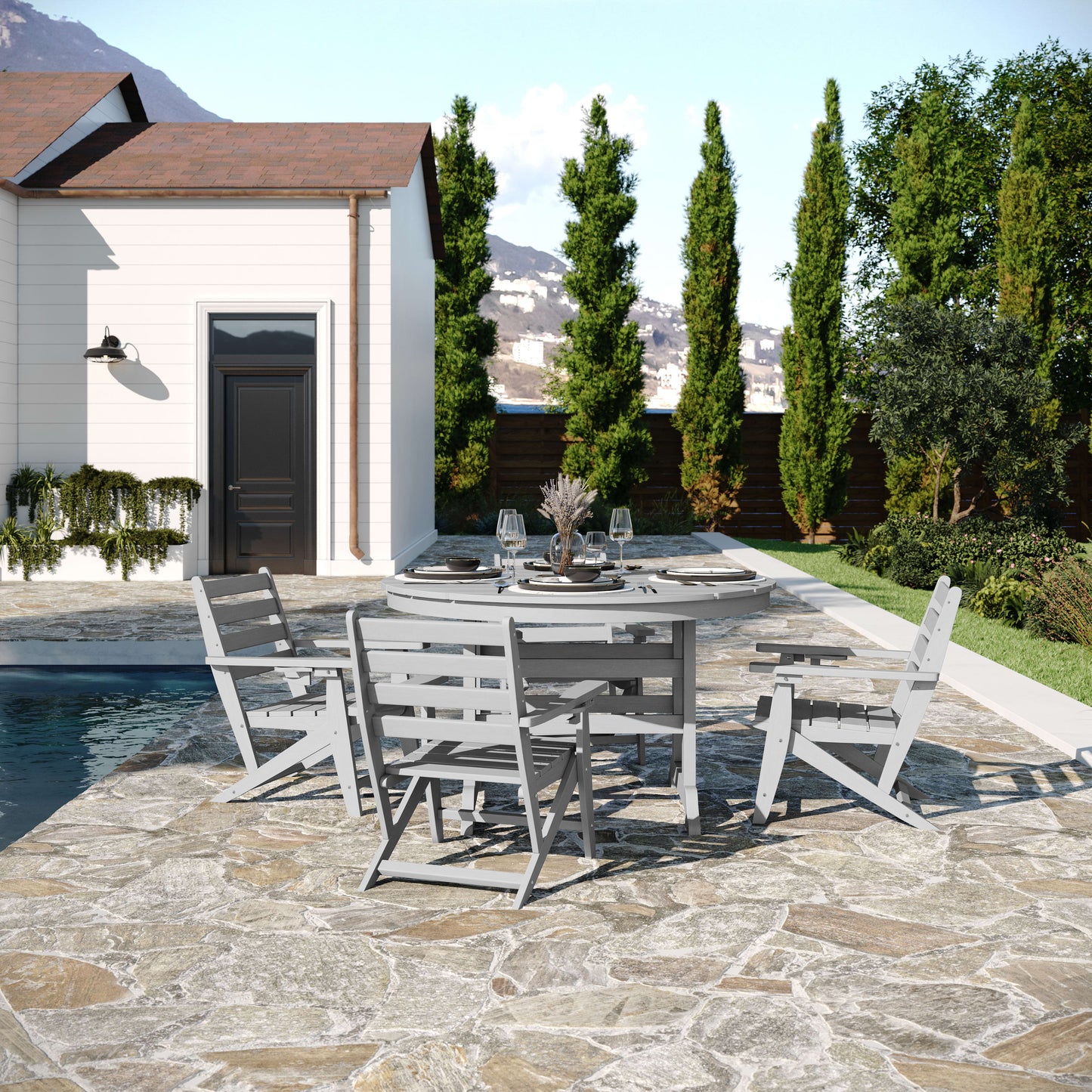 Tolleson Commercial 5 Piece Adirondack Dining Set with 48" Round Indoor/Outdoor Recycled HDPE Table and 4 Chairs with Cupholders