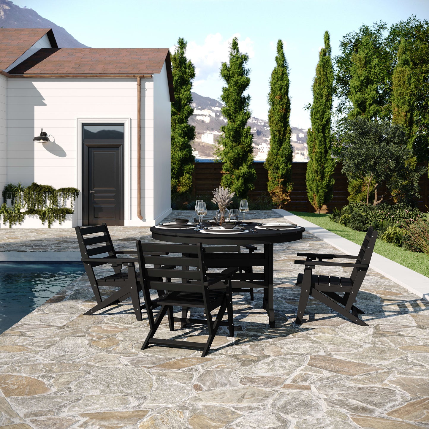 Tolleson Commercial 5 Piece Adirondack Dining Set with 48" Round Indoor/Outdoor Recycled HDPE Table and 4 Chairs with Cupholders