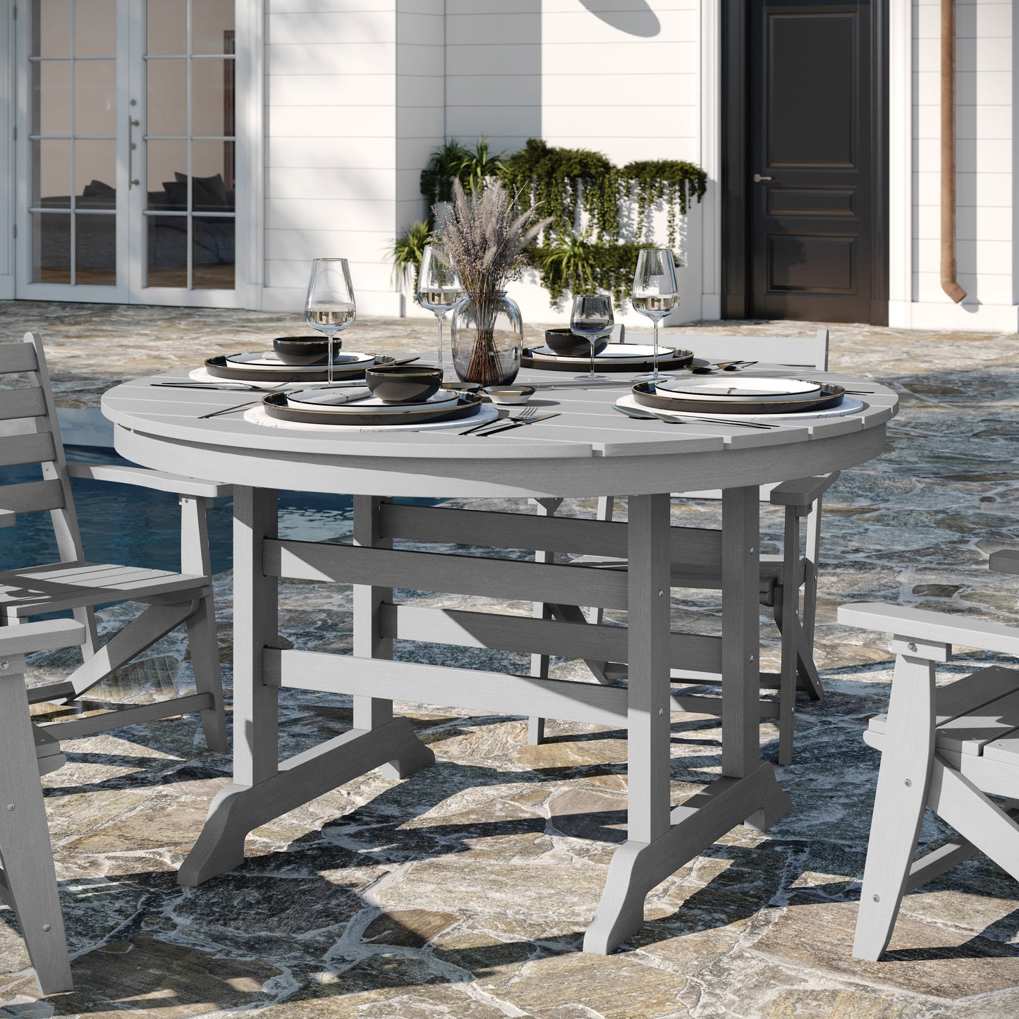 Tolleson Commercial 5 Piece Adirondack Dining Set with 48" Round Indoor/Outdoor Recycled HDPE Table and 4 Chairs with Cupholders