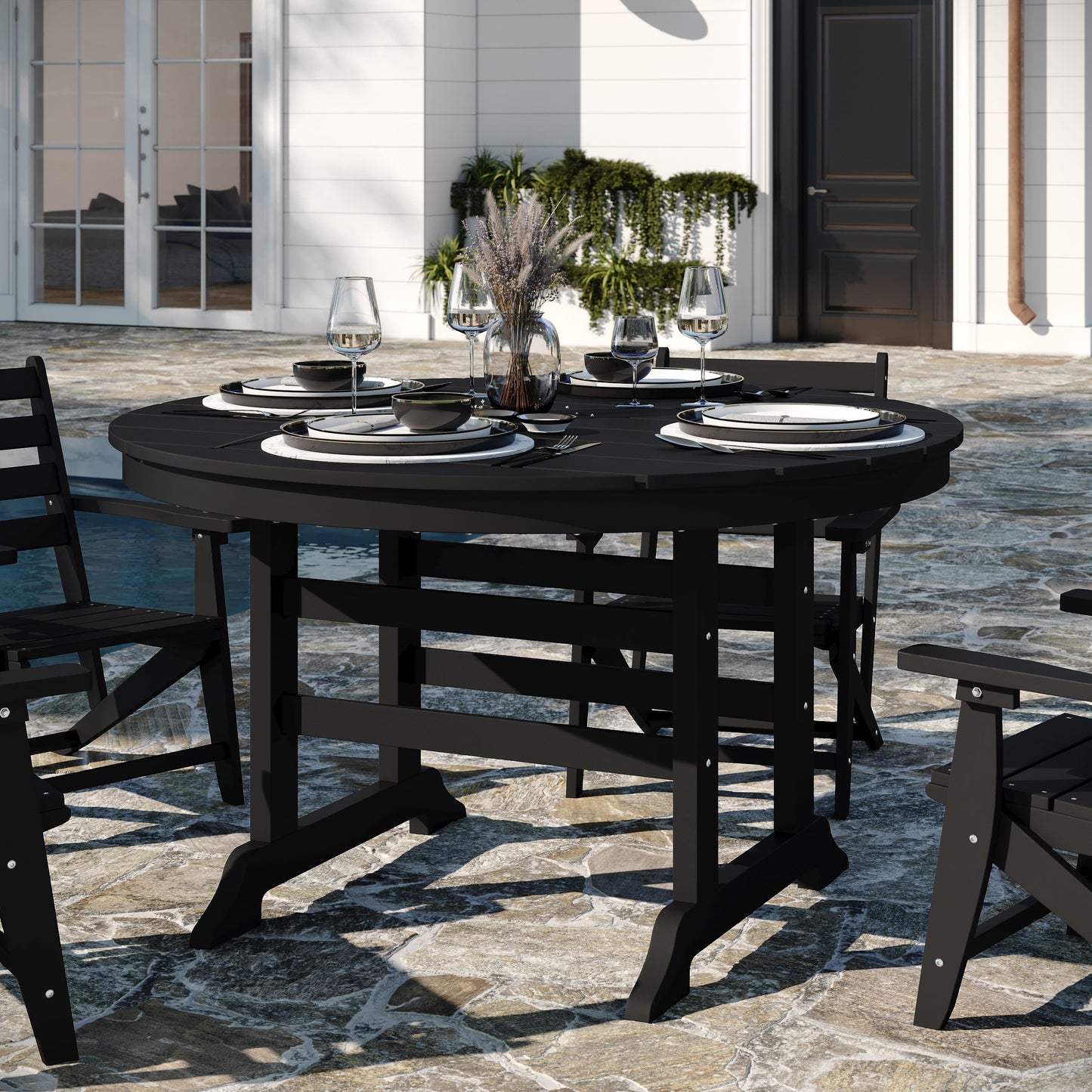 Tolleson Commercial 5 Piece Adirondack Dining Set with 48" Round Indoor/Outdoor Recycled HDPE Table and 4 Chairs with Cupholders