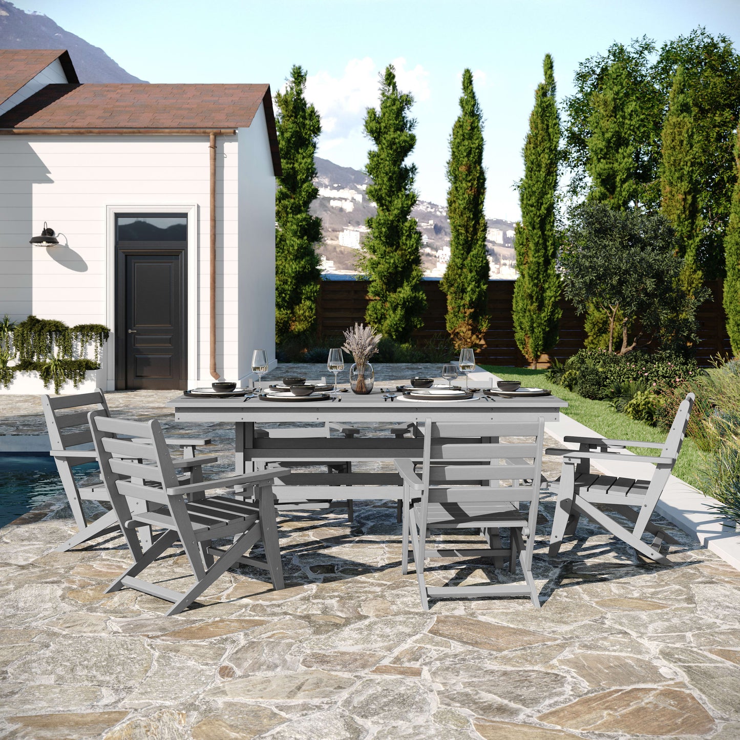 Tolleson Commercial 7 Piece Adirondack Dining Set with 72" Rectangle Indoor/Outdoor Recycled HDPE Table and 6 Chairs with Cupholders