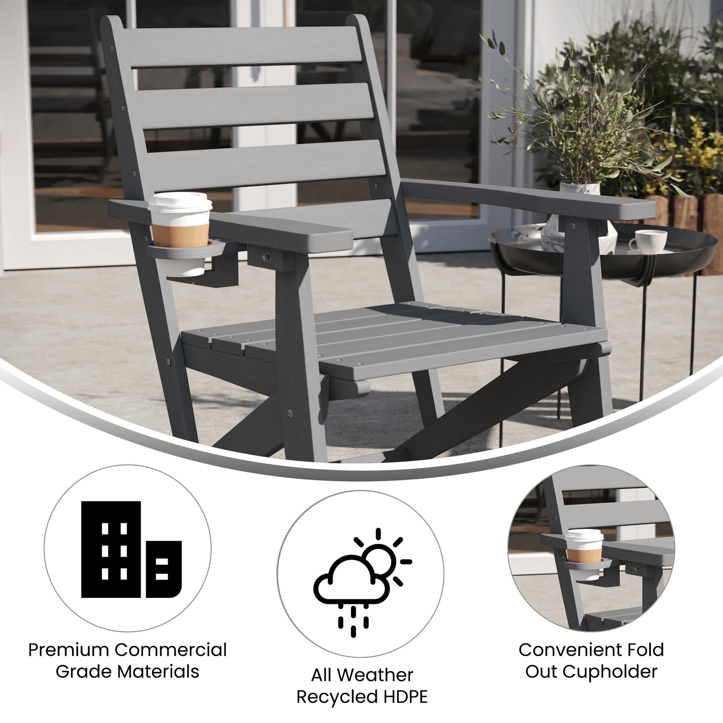 Tolleson Commercial Grade Adirondack Dining Chair with Fold Out Cup Holder, Weather Resistant Recycled HDPE Adirondack Chair