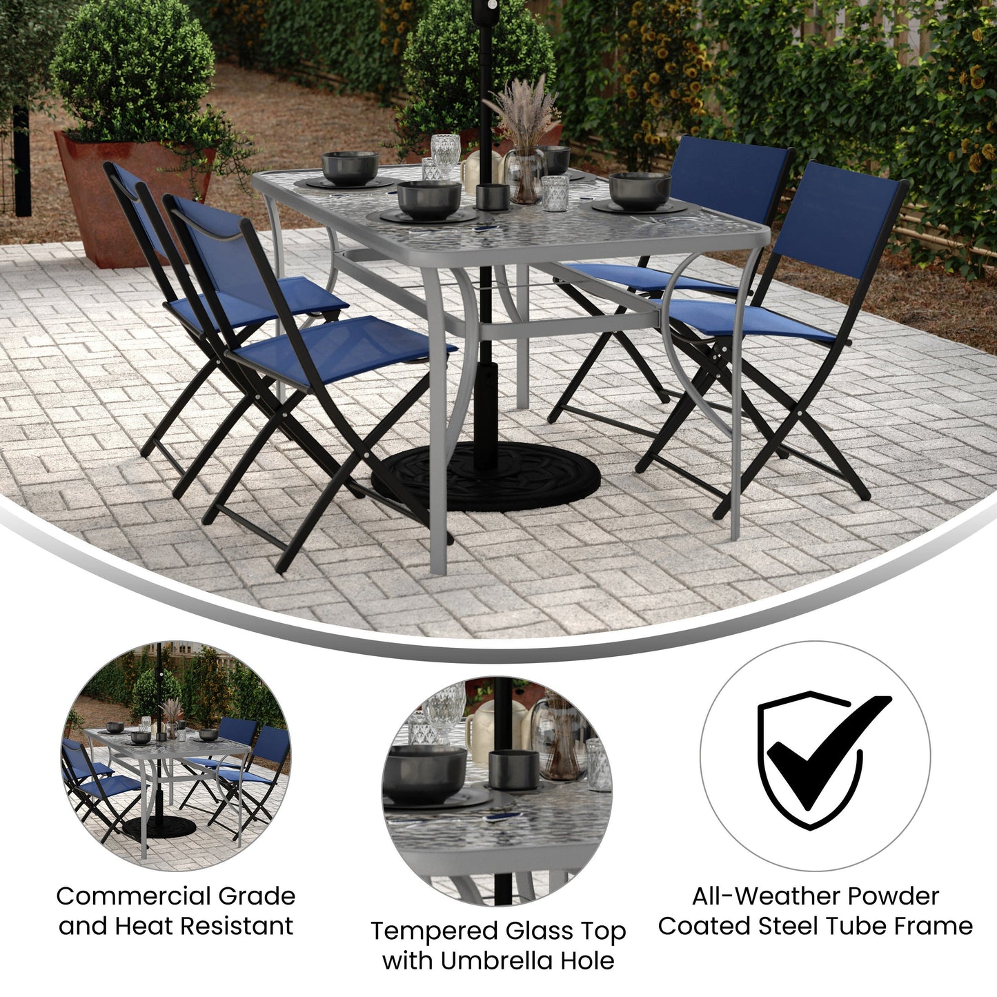 Tory Commercial Grade Patio Table with Tempered Glass Top with Umbrella Hole and Steel Tube Frame