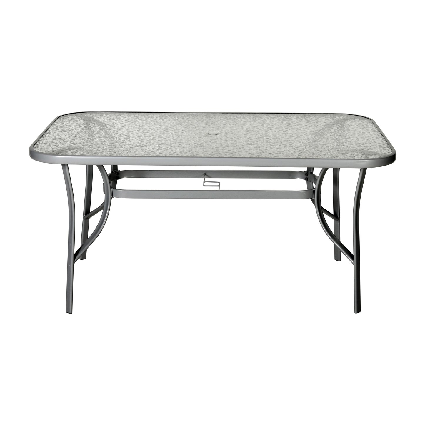 Tory Commercial Grade Patio Table with Tempered Glass Top with Umbrella Hole and Steel Tube Frame