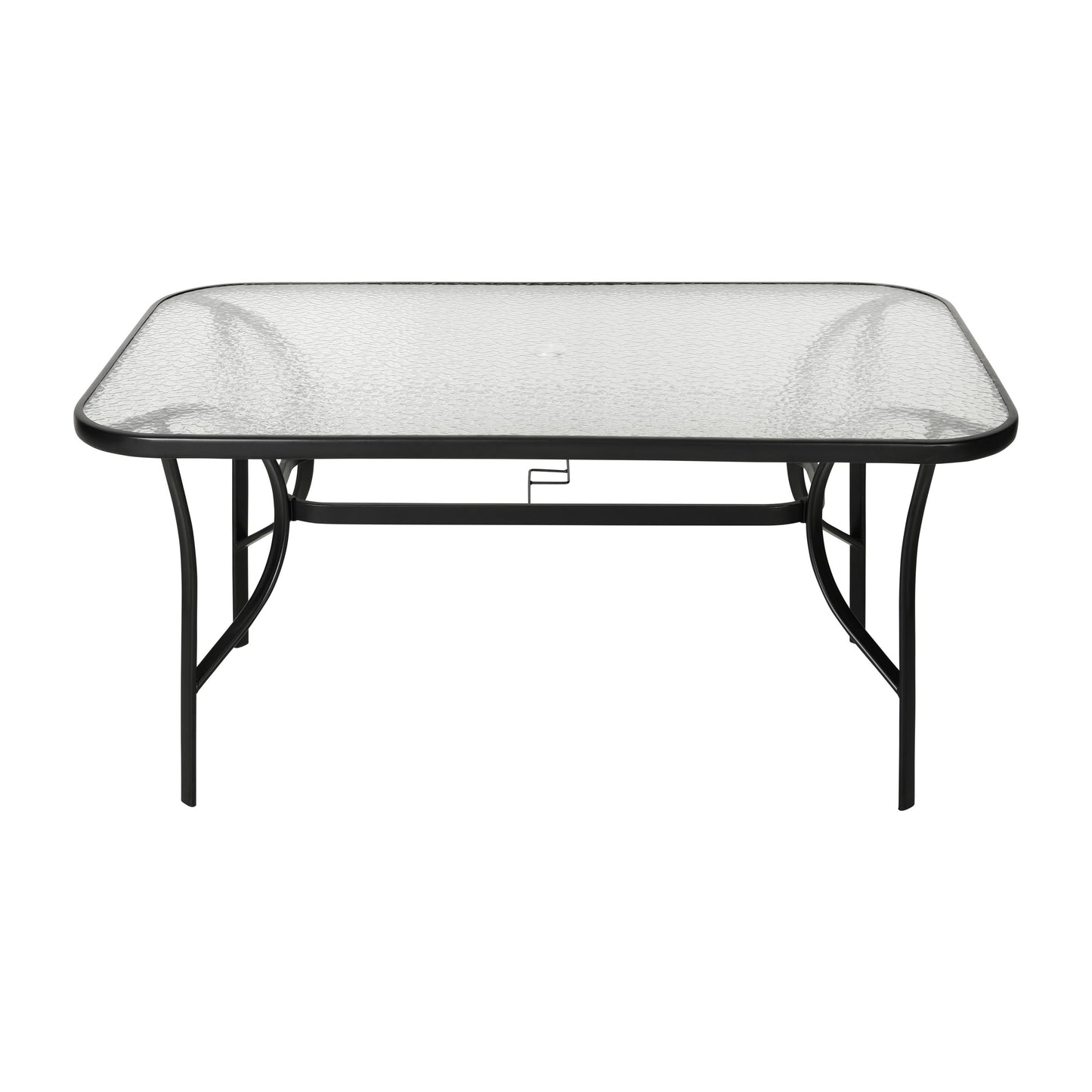 Tory Commercial Grade Patio Table with Tempered Glass Top with Umbrella Hole and Steel Tube Frame