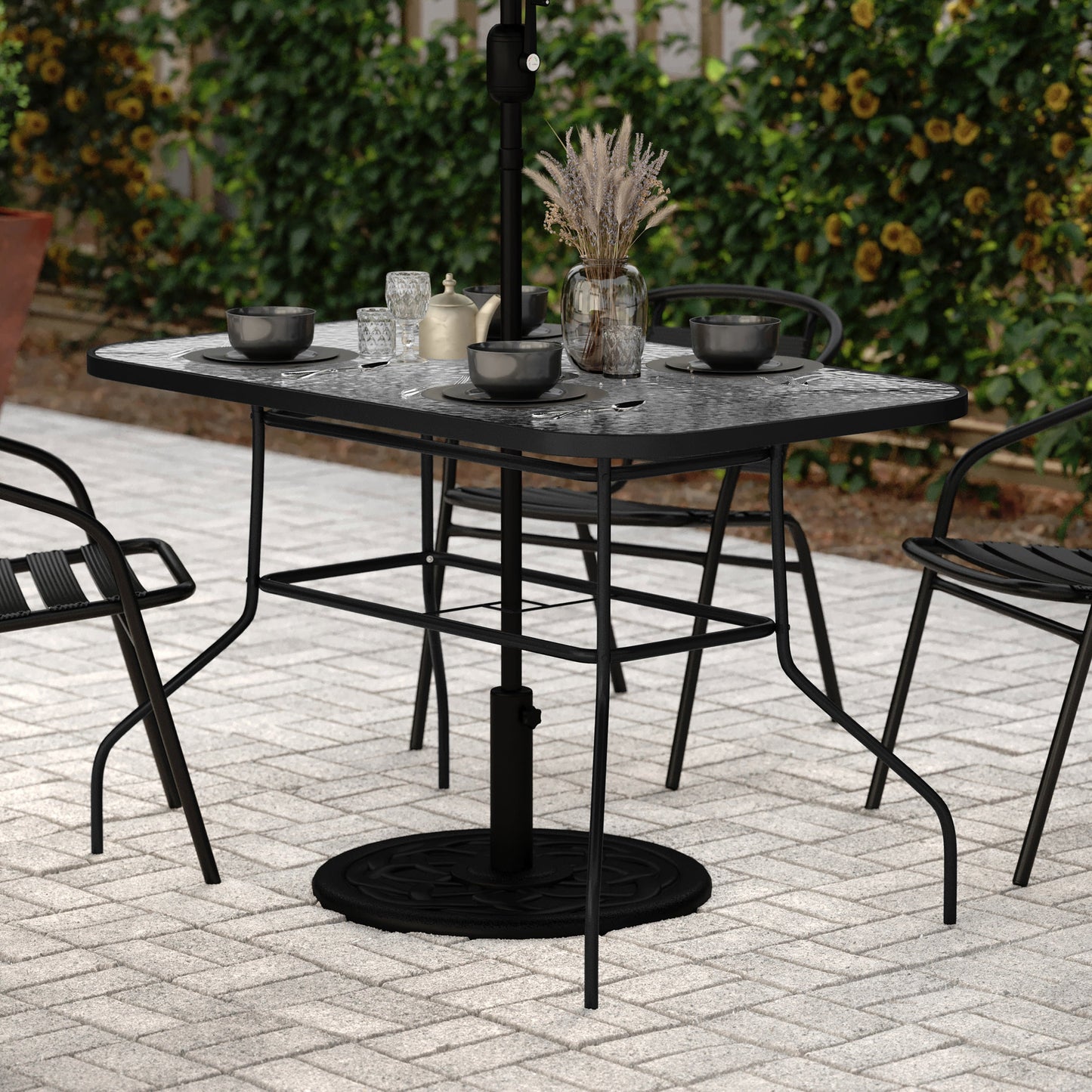 Tory Commercial Grade Patio Table with Tempered Glass Top with Umbrella Hole and Steel Tube Frame