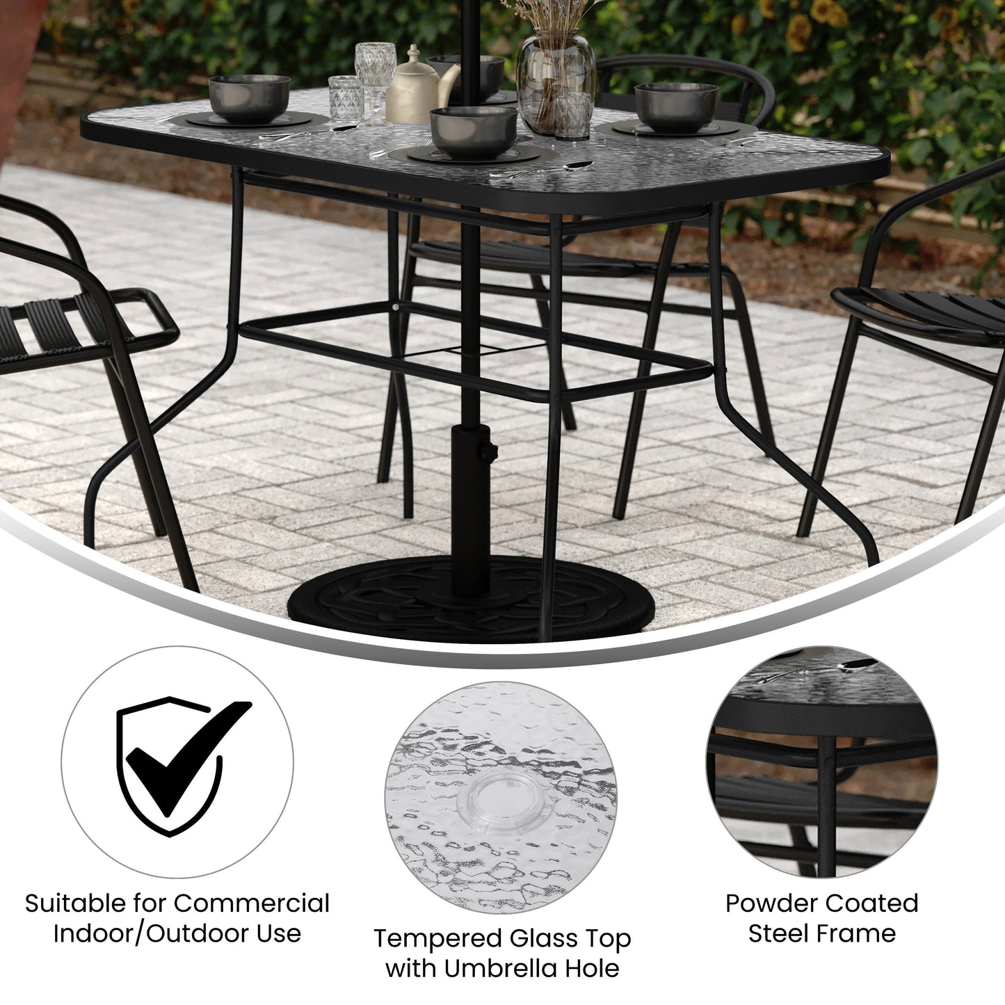 Tory Commercial Grade Patio Table with Tempered Glass Top with Umbrella Hole and Steel Tube Frame