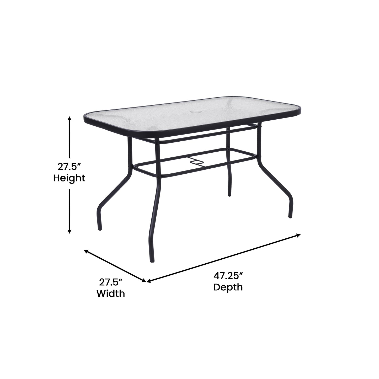 Tory Commercial Grade Patio Table with Tempered Glass Top with Umbrella Hole and Steel Tube Frame
