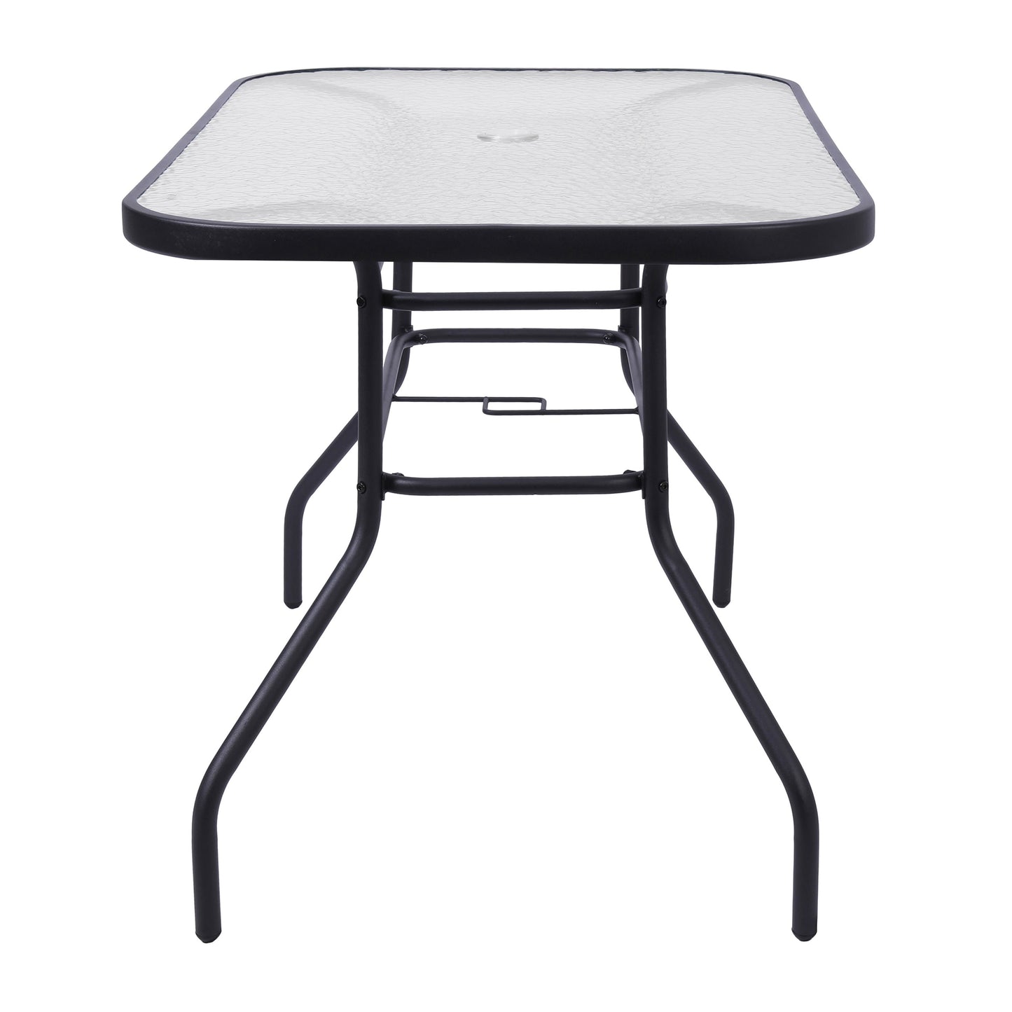 Tory Commercial Grade Patio Table with Tempered Glass Top with Umbrella Hole and Steel Tube Frame