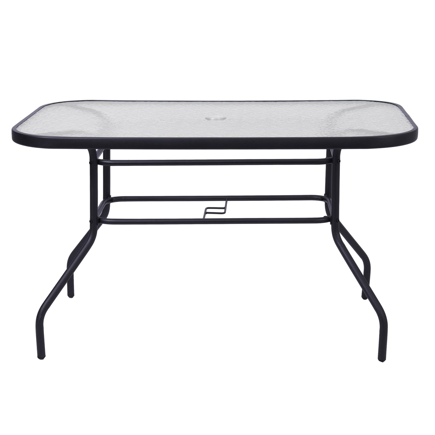 Tory Commercial Grade Patio Table with Tempered Glass Top with Umbrella Hole and Steel Tube Frame