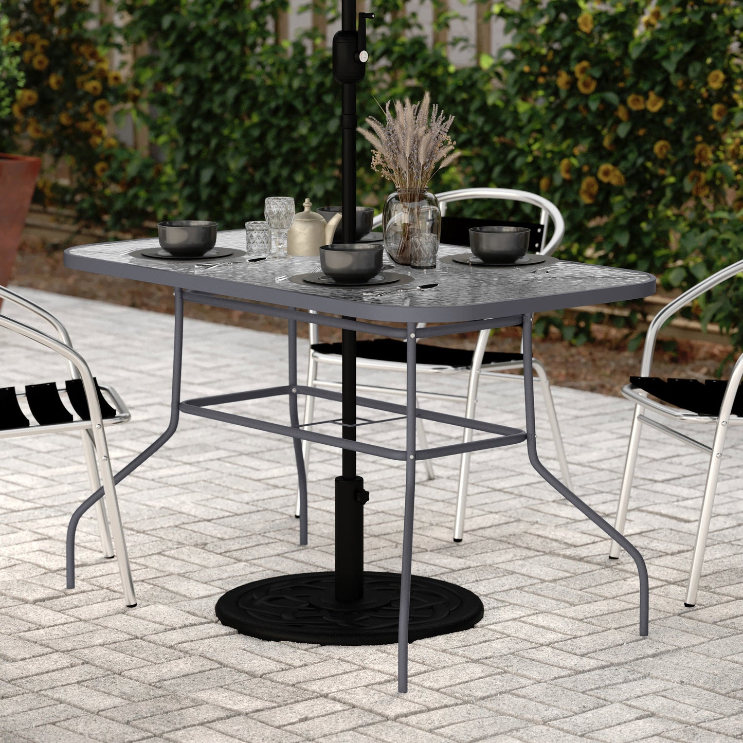 Tory Commercial Grade Patio Table with Tempered Glass Top with Umbrella Hole and Steel Tube Frame