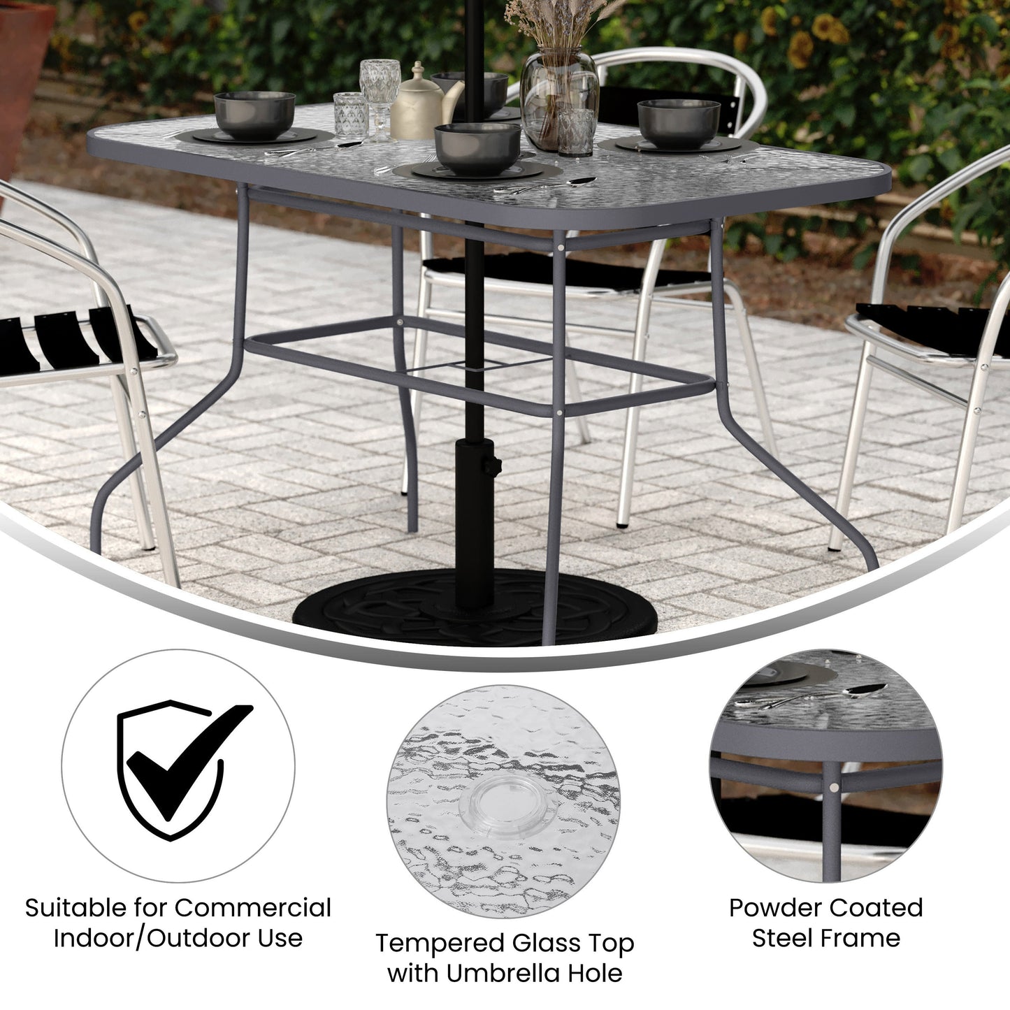 Tory Commercial Grade Patio Table with Tempered Glass Top with Umbrella Hole and Steel Tube Frame