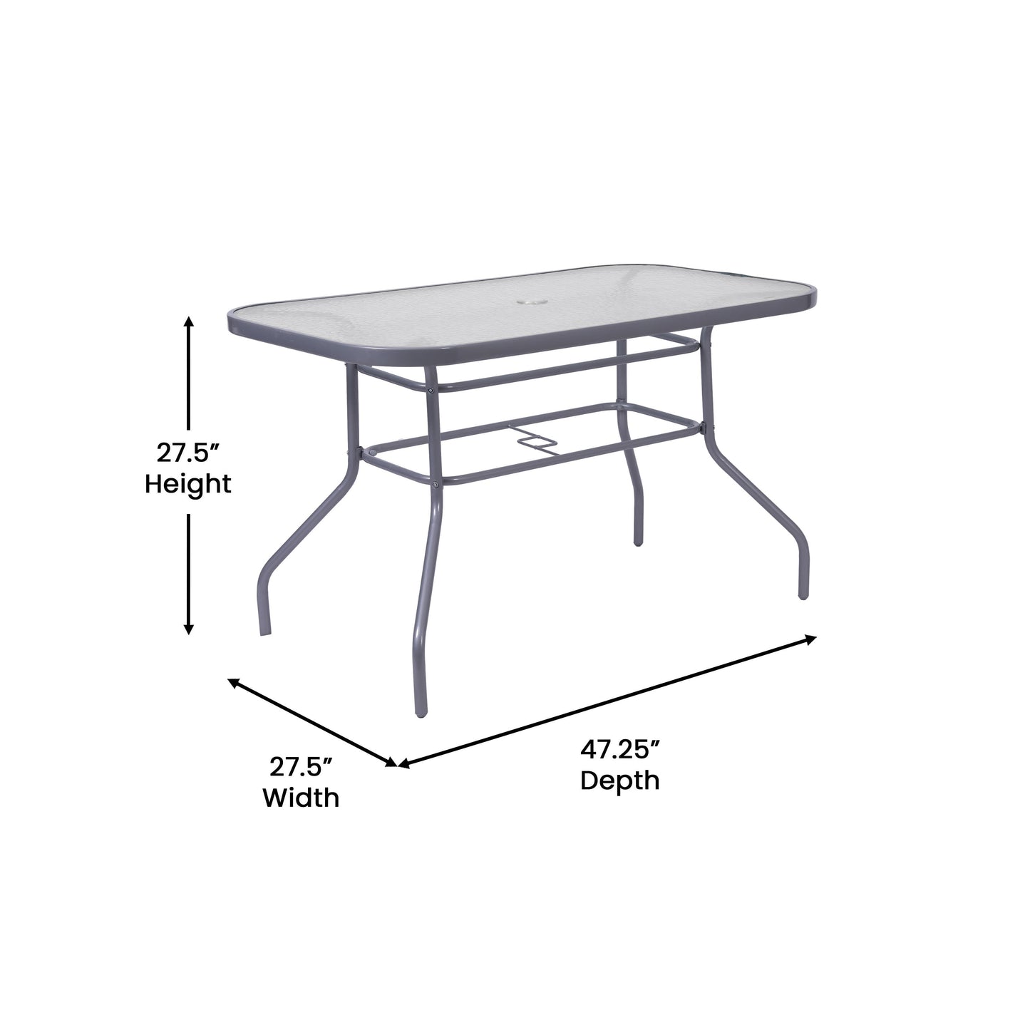 Tory Commercial Grade Patio Table with Tempered Glass Top with Umbrella Hole and Steel Tube Frame