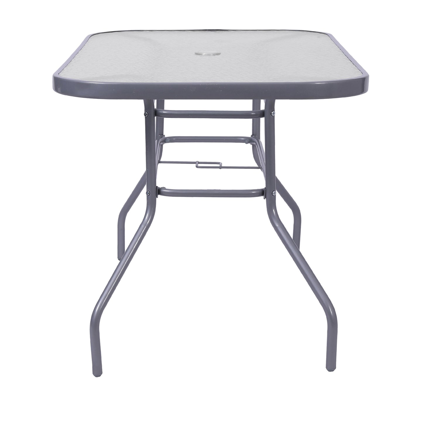 Tory Commercial Grade Patio Table with Tempered Glass Top with Umbrella Hole and Steel Tube Frame