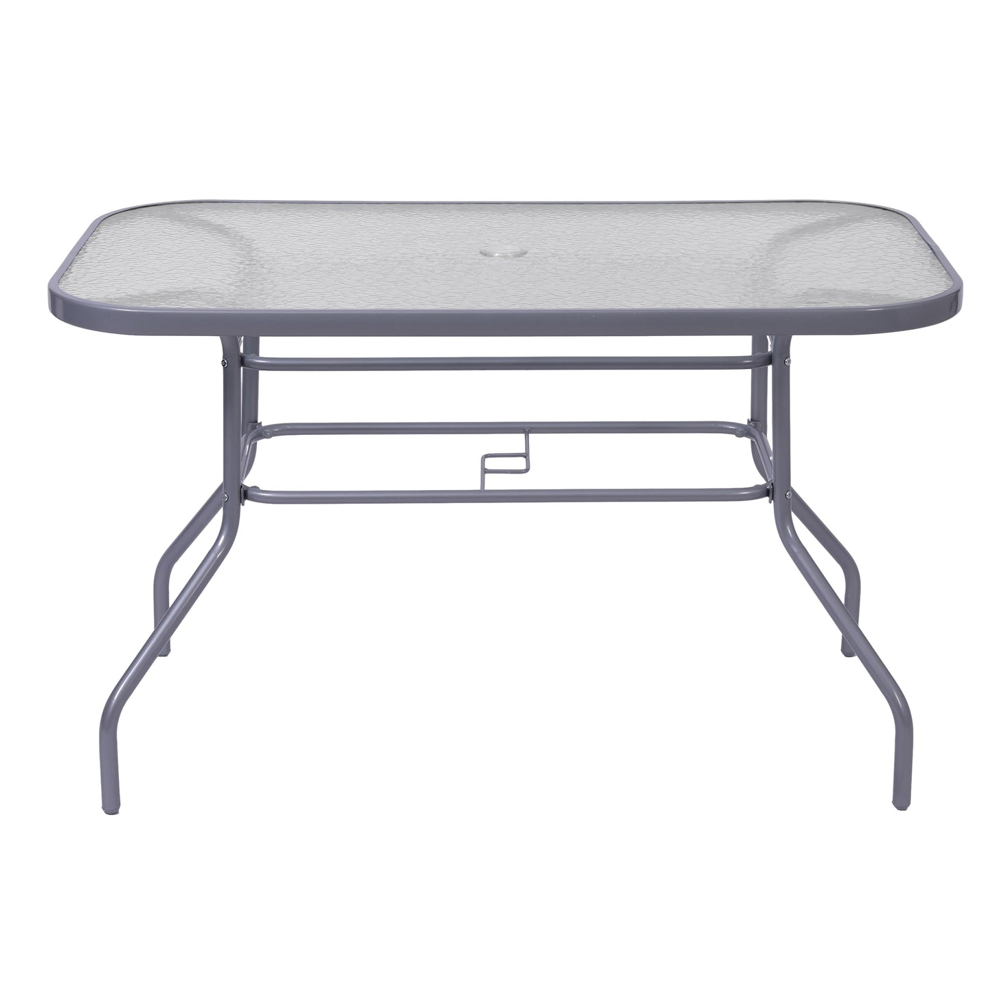 Tory Commercial Grade Patio Table with Tempered Glass Top with Umbrella Hole and Steel Tube Frame