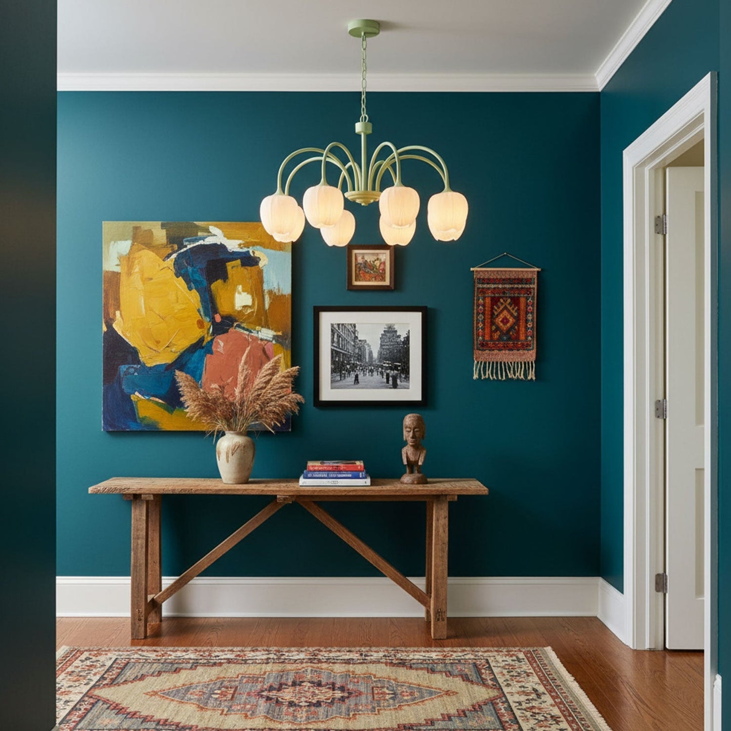 Five-Light Floral Glass Chandelier With Curved Arms