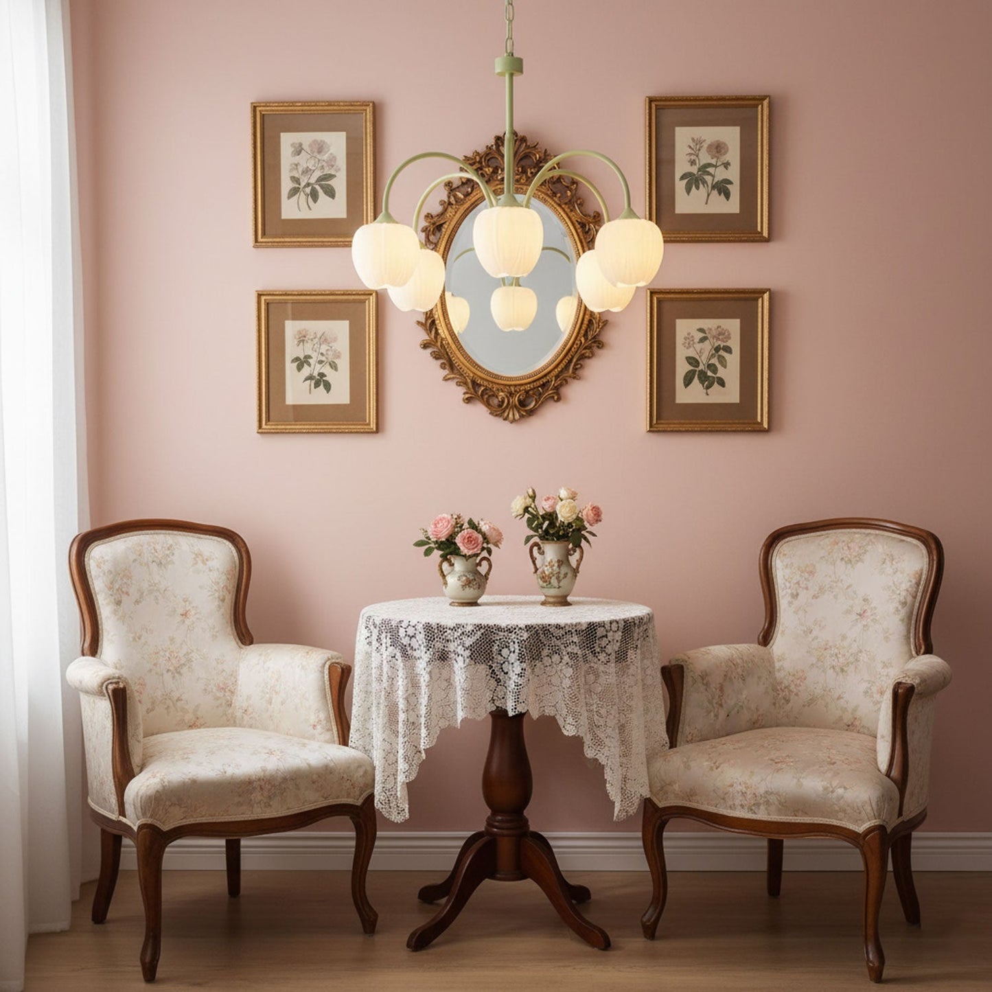 Five-Light Floral Glass Chandelier With Curved Arms