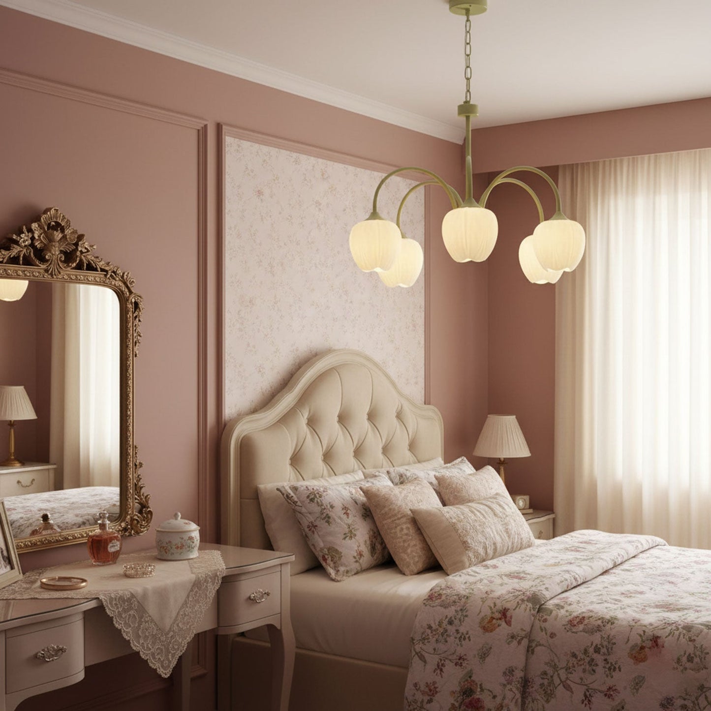 Five-Light Floral Glass Chandelier With Curved Arms