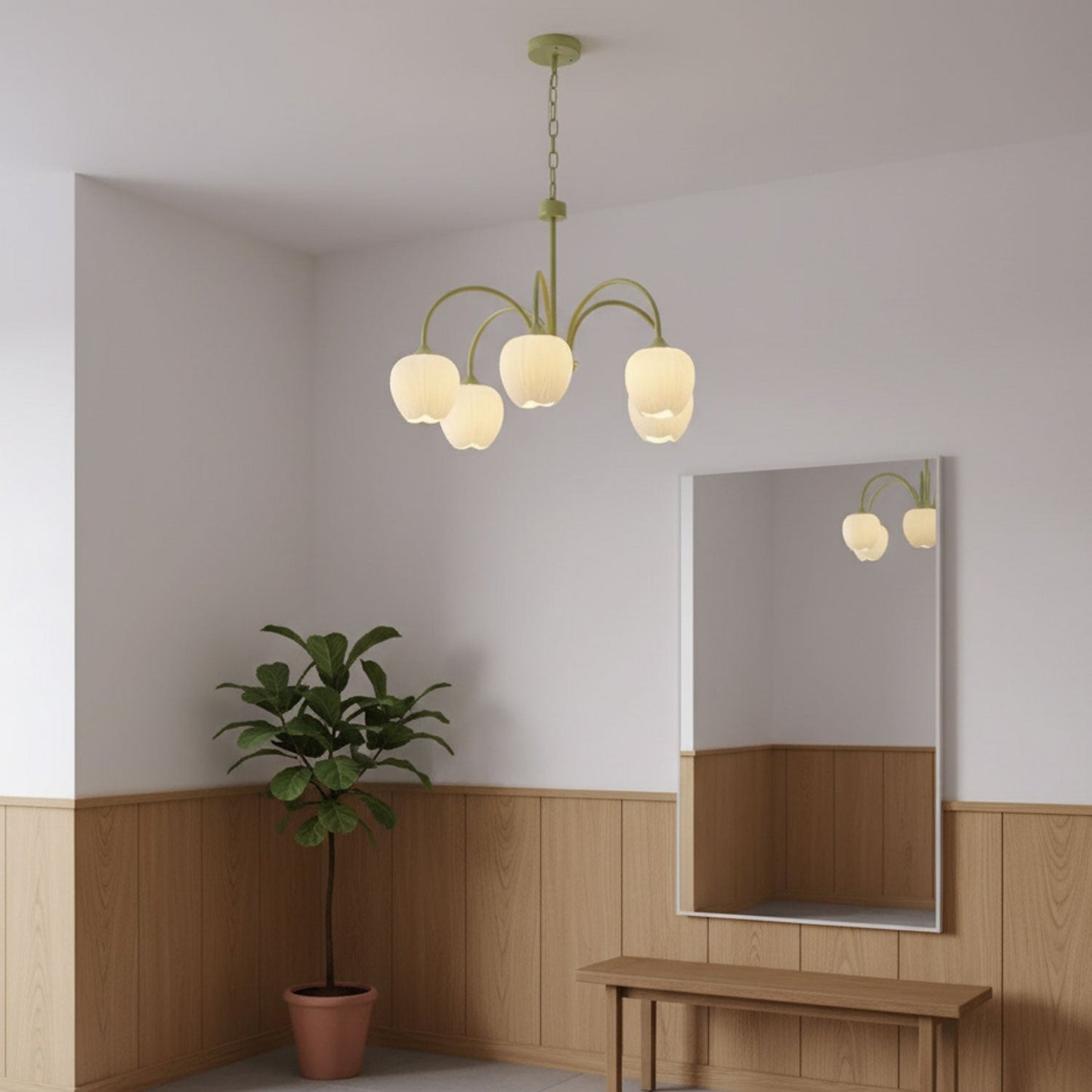 Five-Light Floral Glass Chandelier With Curved Arms