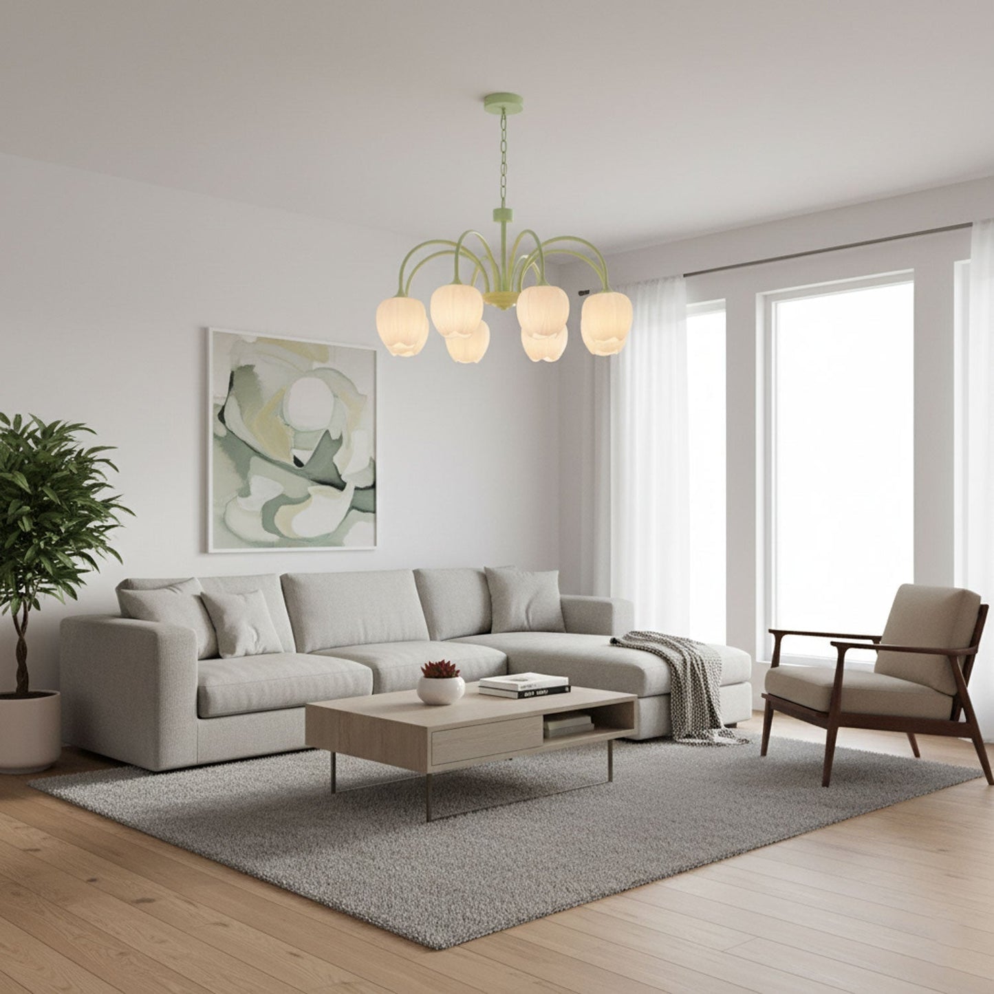 Five-Light Floral Glass Chandelier With Curved Arms
