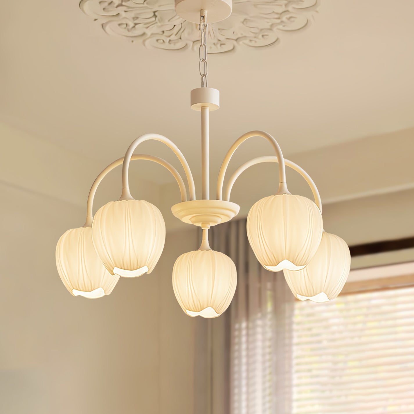 Five-Light Floral Glass Chandelier With Curved Arms