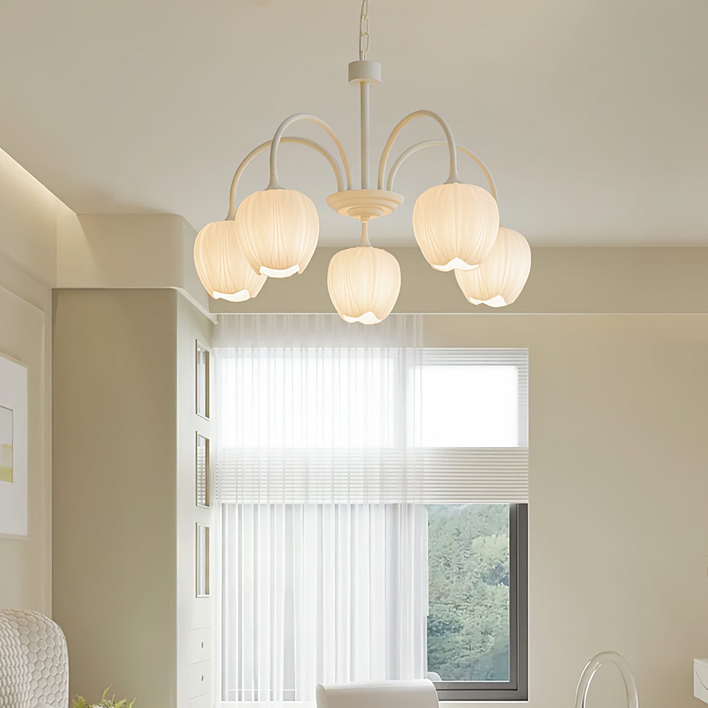 Five-Light Floral Glass Chandelier With Curved Arms