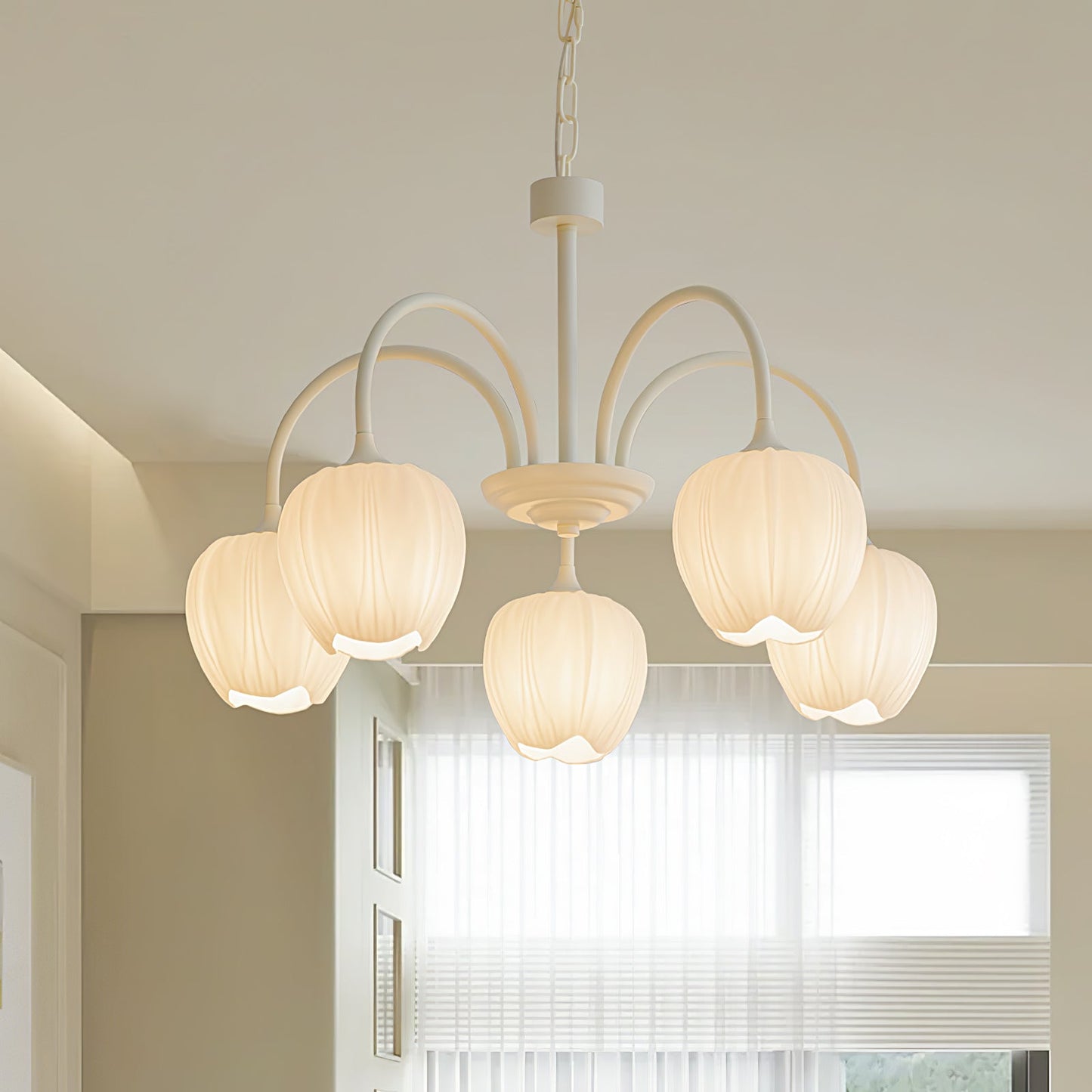 Five-Light Floral Glass Chandelier With Curved Arms