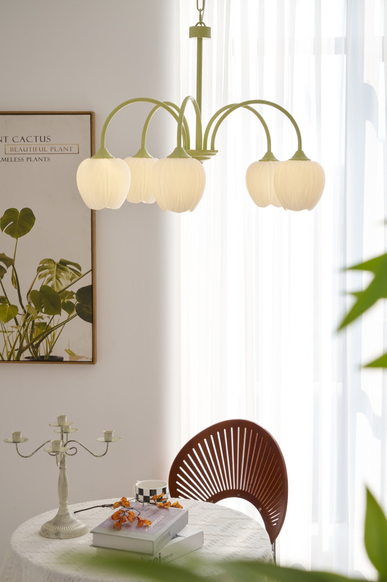 Five-Light Floral Glass Chandelier With Curved Arms