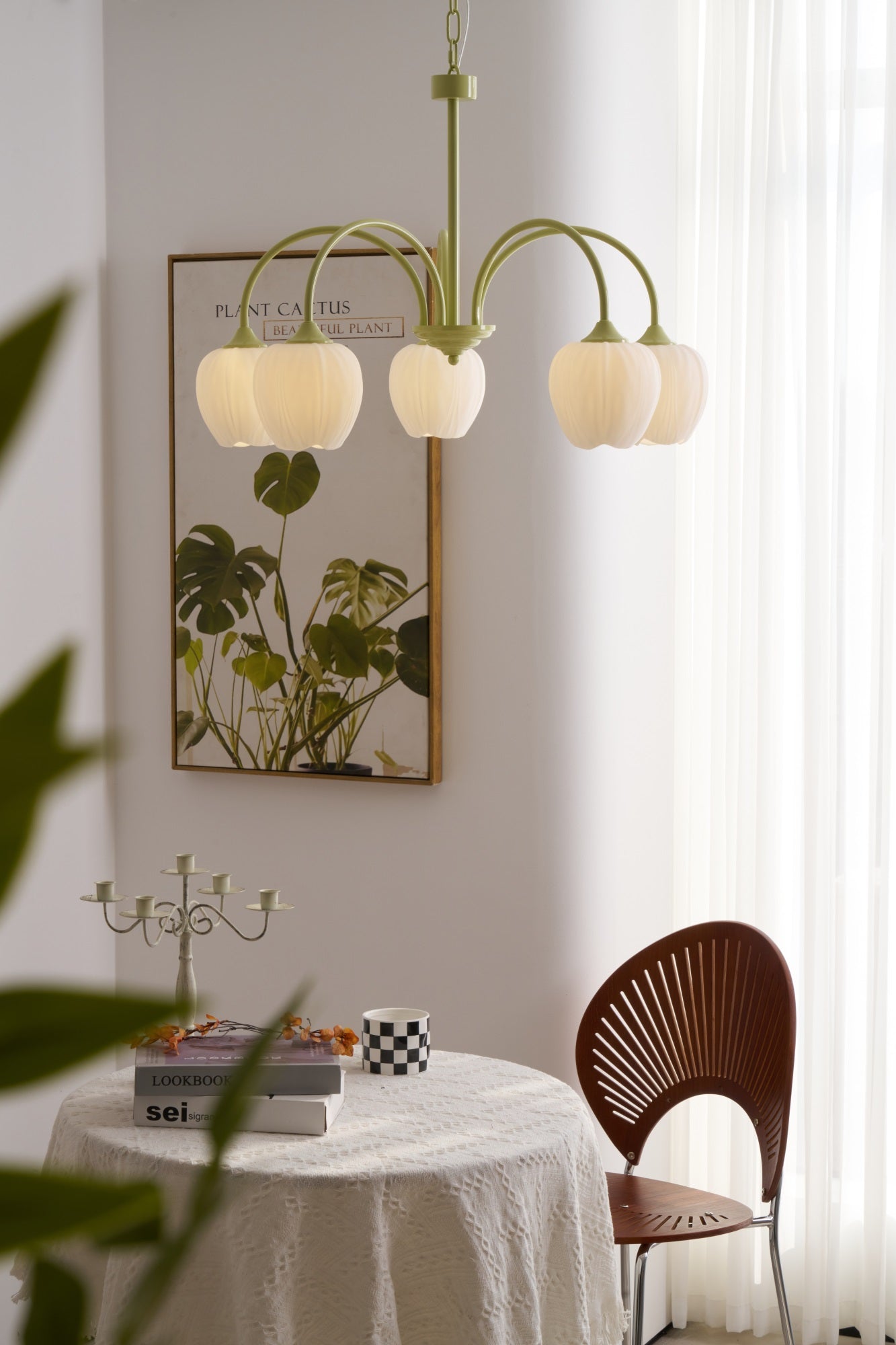 Five-Light Floral Glass Chandelier With Curved Arms