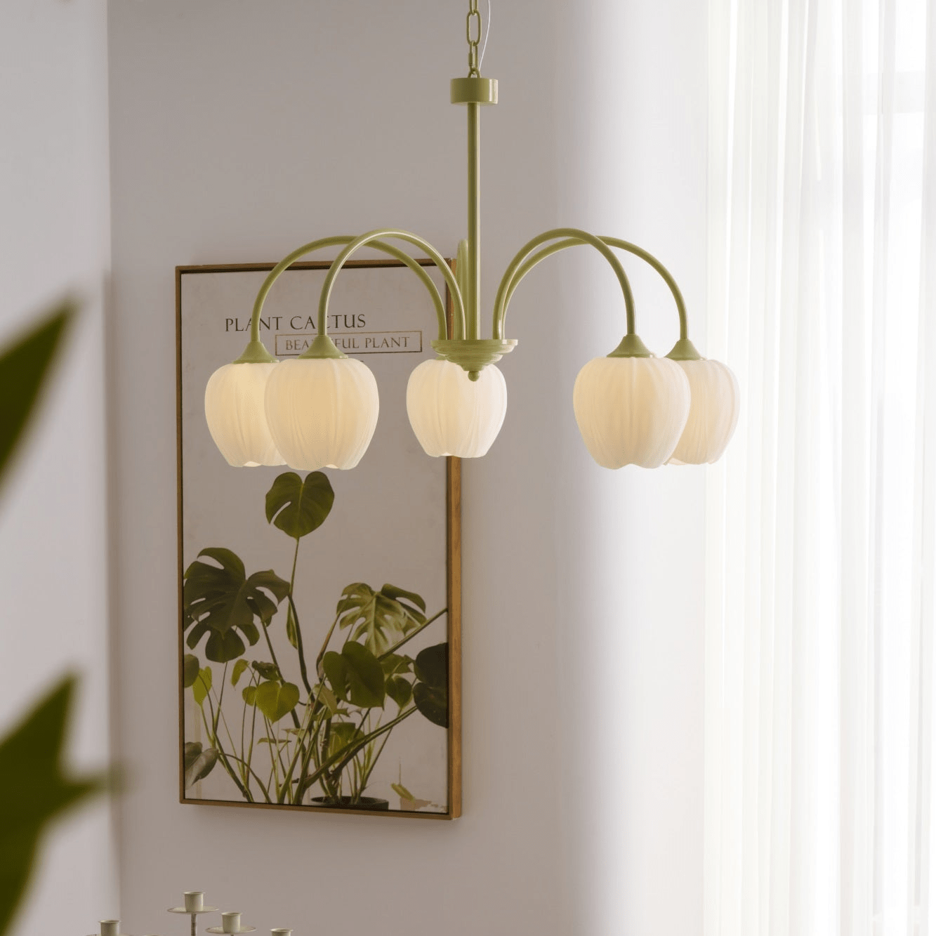 Five-Light Floral Glass Chandelier With Curved Arms
