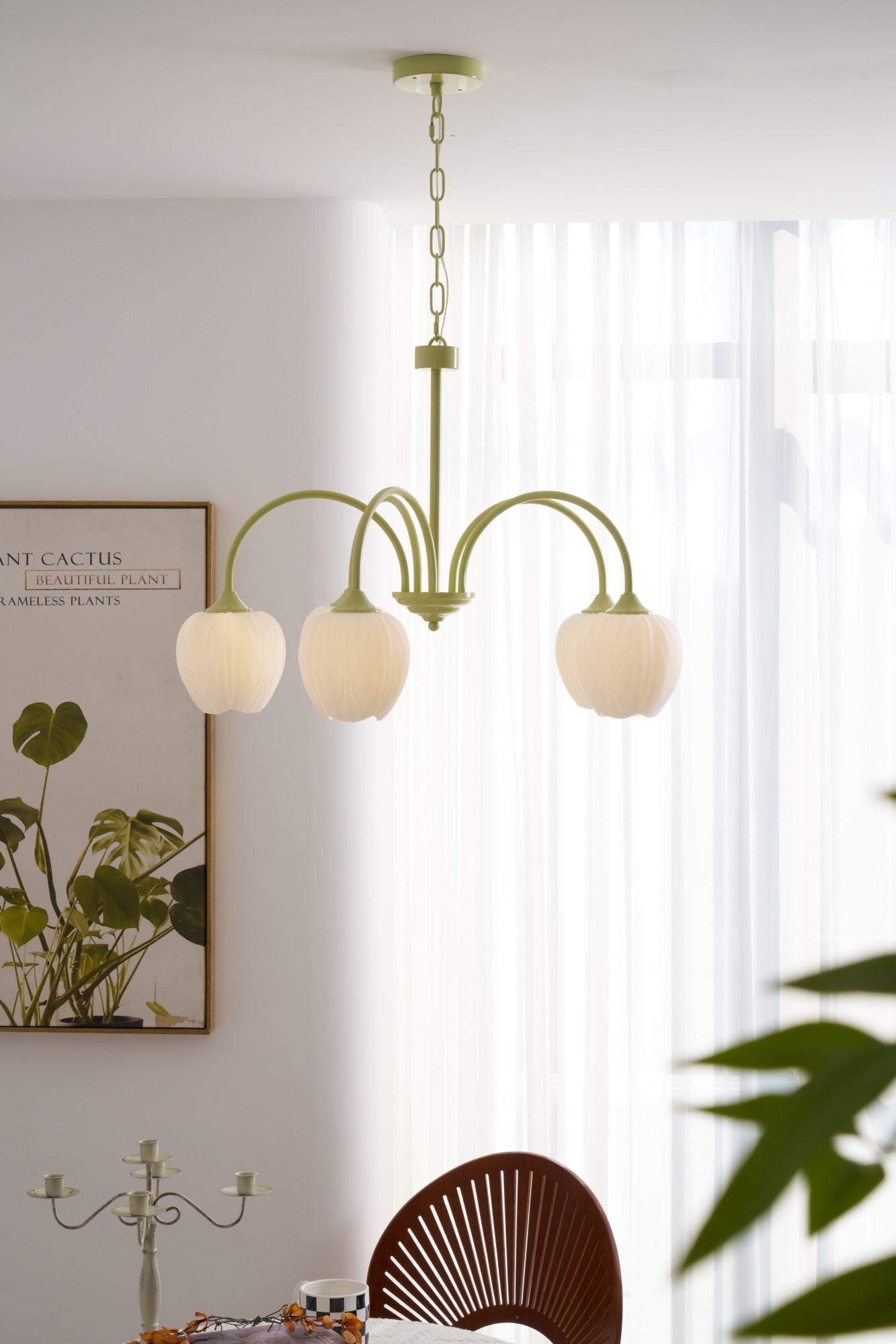 Five-Light Floral Glass Chandelier With Curved Arms
