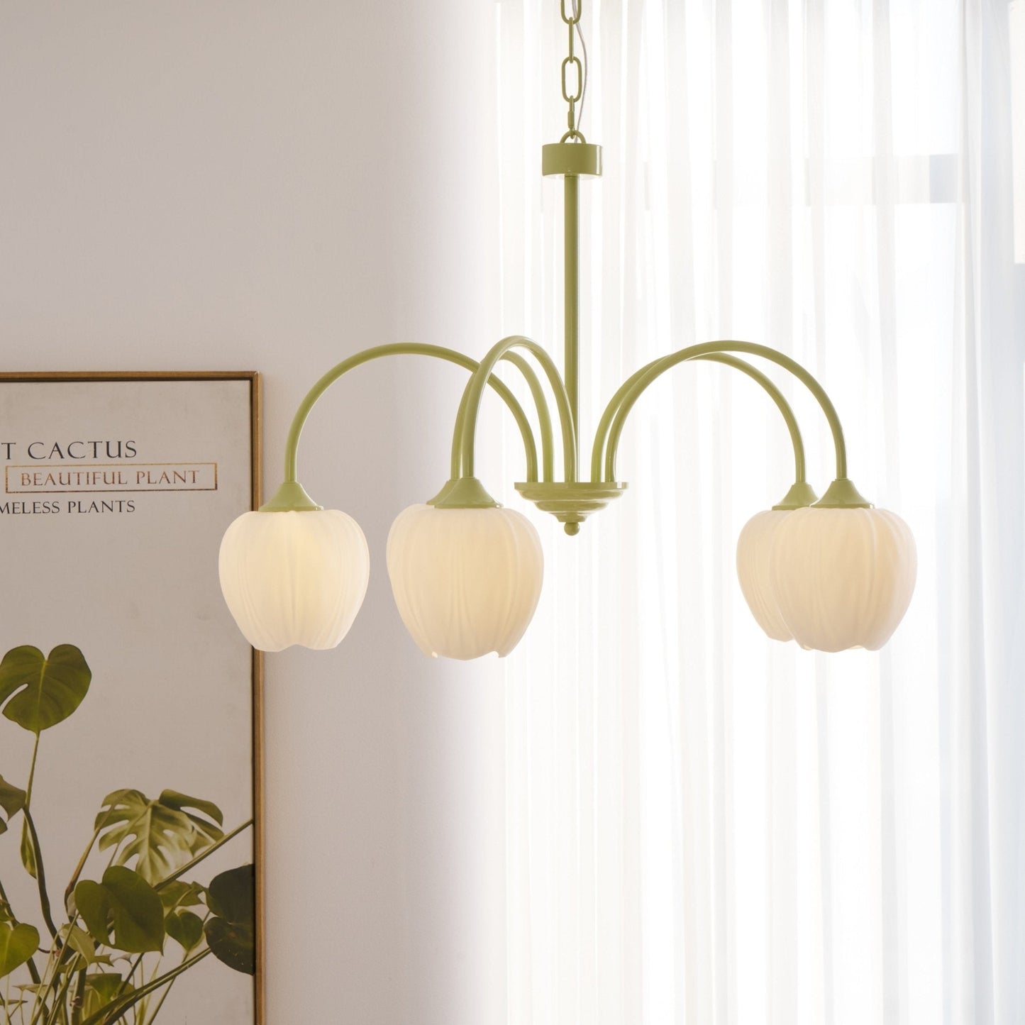Five-Light Floral Glass Chandelier With Curved Arms