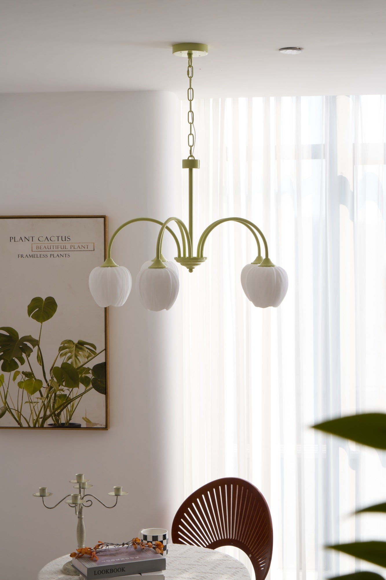Five-Light Floral Glass Chandelier With Curved Arms