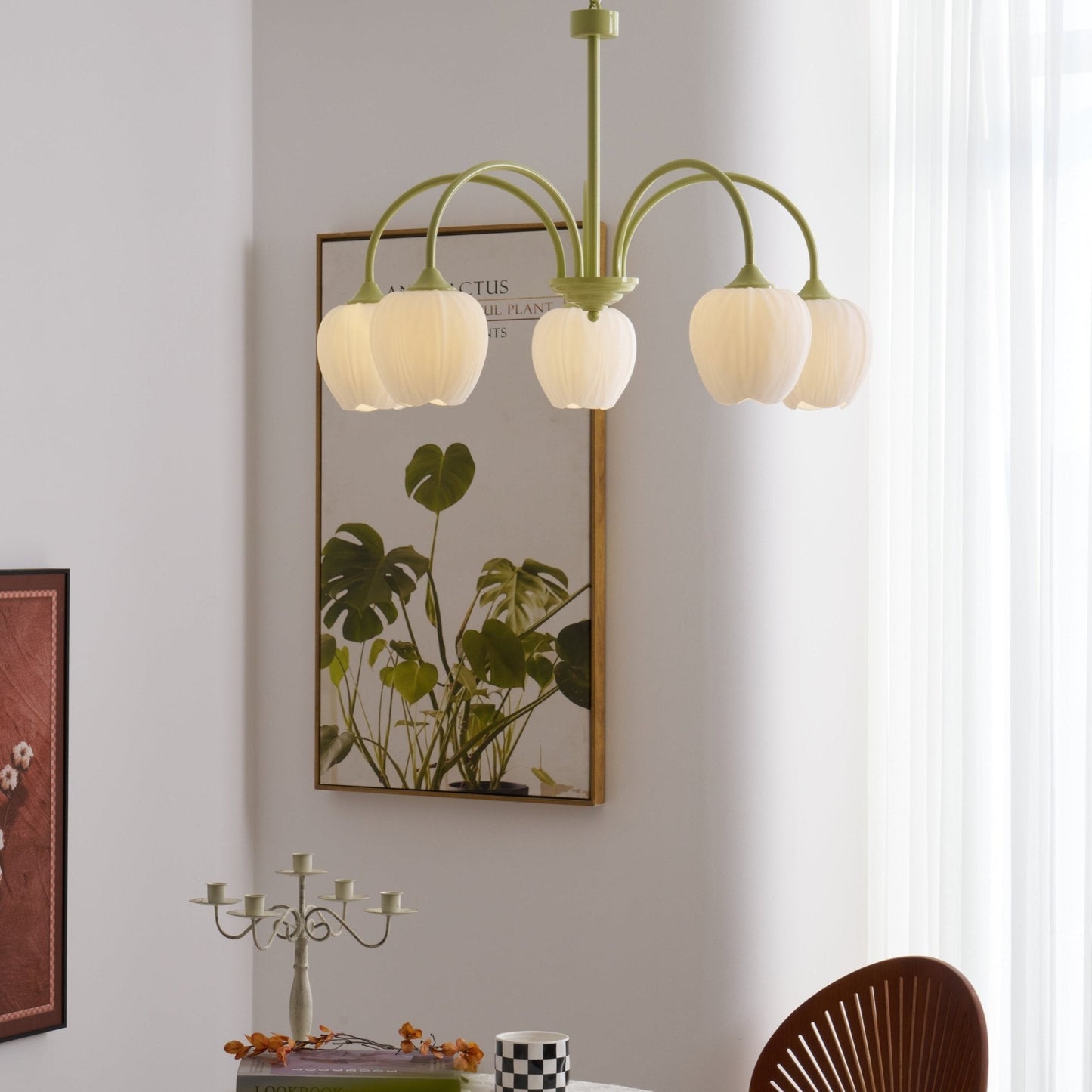 Five-Light Floral Glass Chandelier With Curved Arms