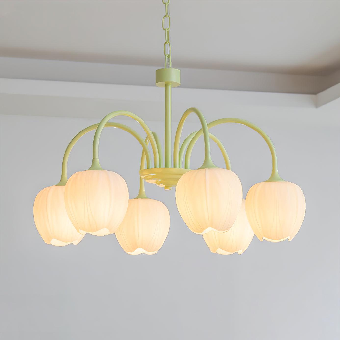 Five-Light Floral Glass Chandelier With Curved Arms