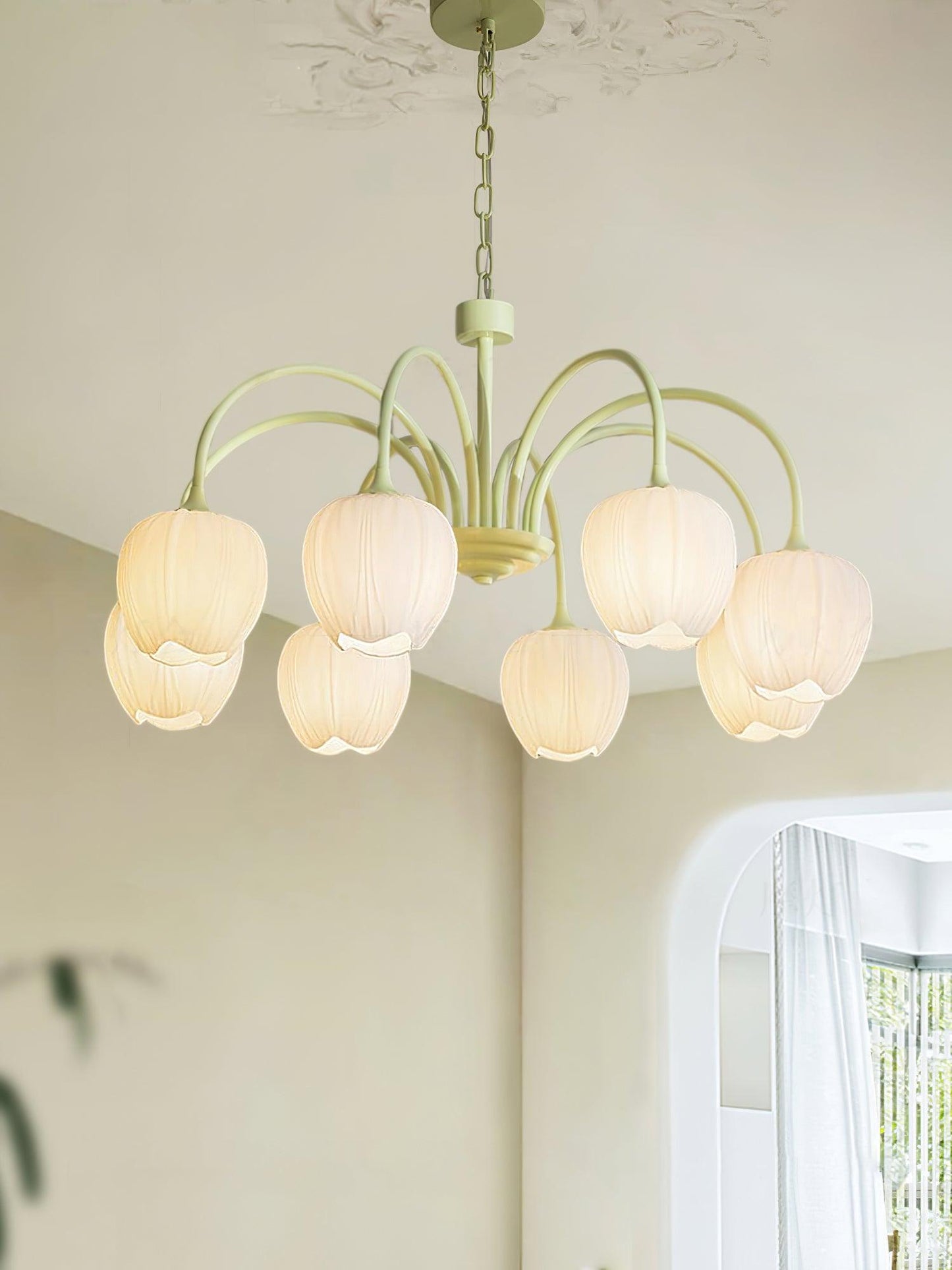 Five-Light Floral Glass Chandelier With Curved Arms