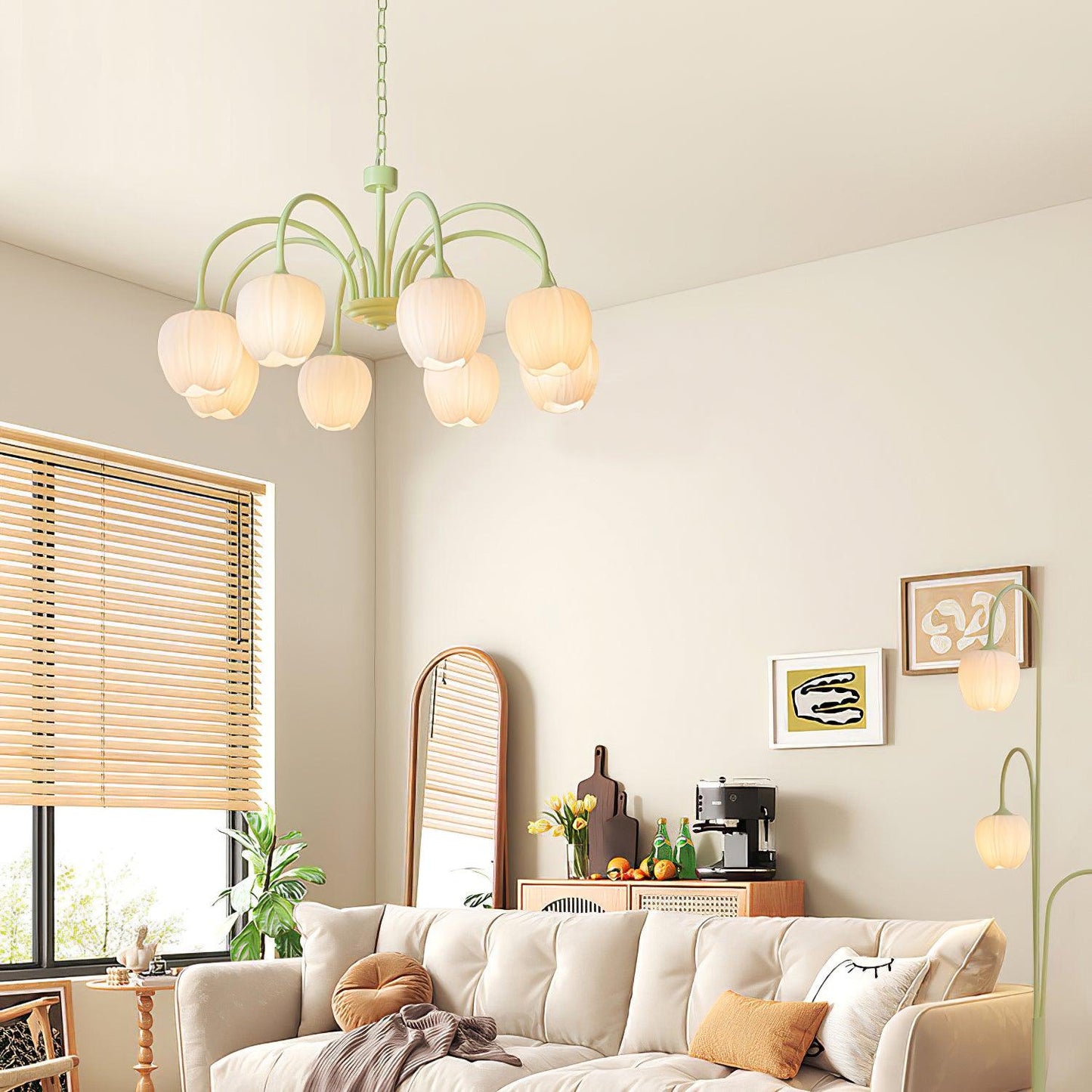 Five-Light Floral Glass Chandelier With Curved Arms