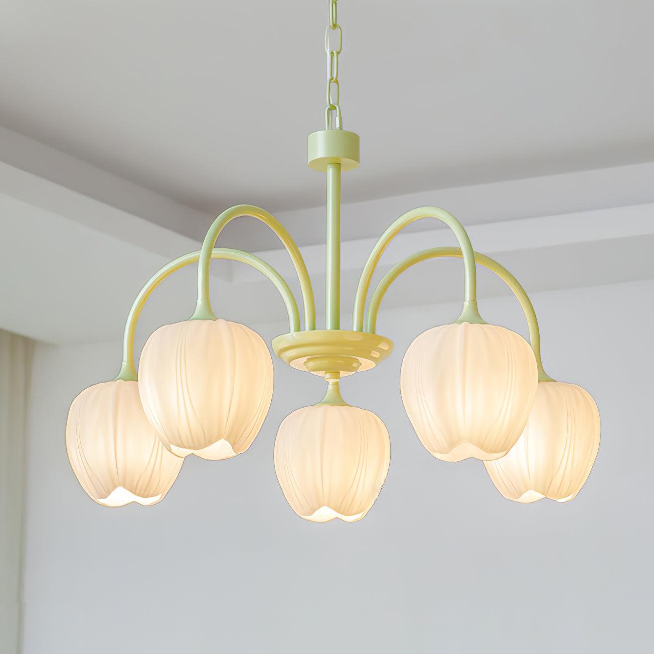 Five-Light Floral Glass Chandelier With Curved Arms