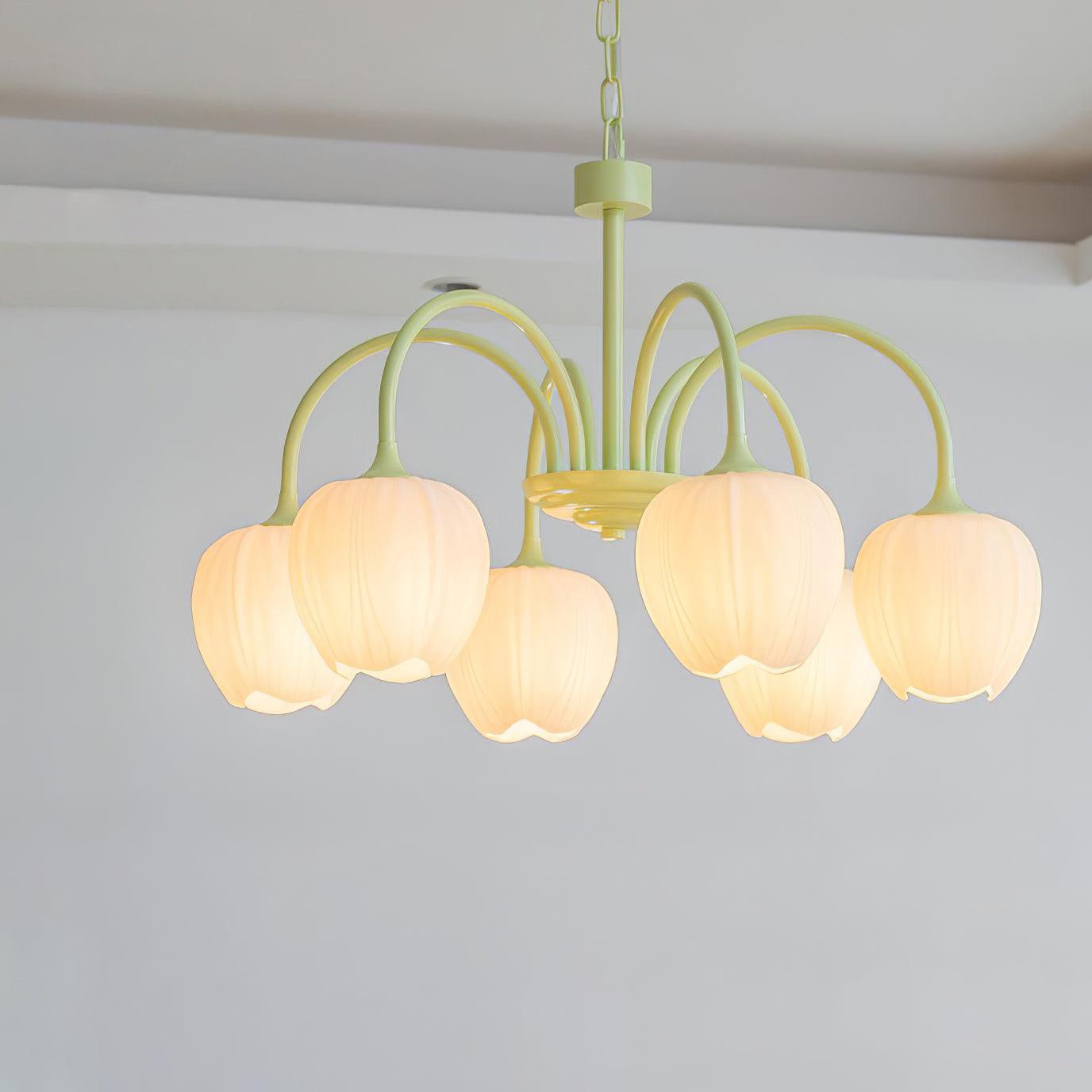 Five-Light Floral Glass Chandelier With Curved Arms