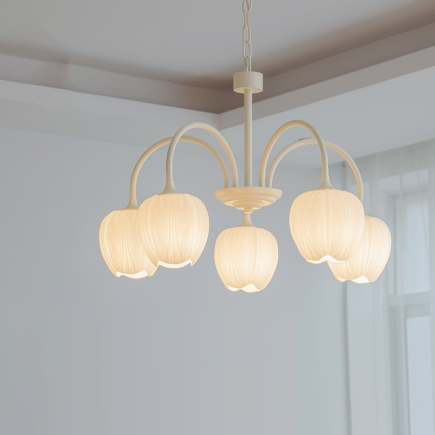 Five-Light Floral Glass Chandelier With Curved Arms