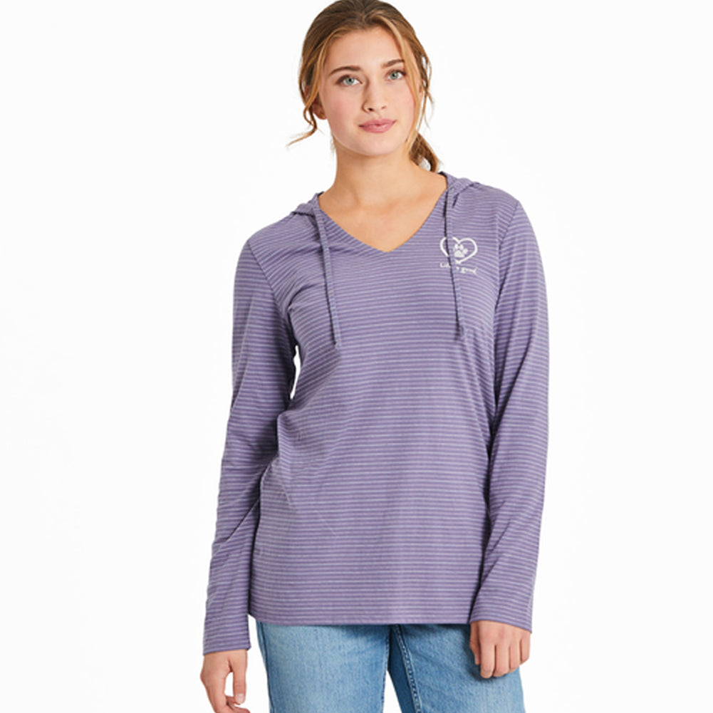 Women's Pet Paw Heart L/S Striped Crusher-LITE Hooded Tee - 129309