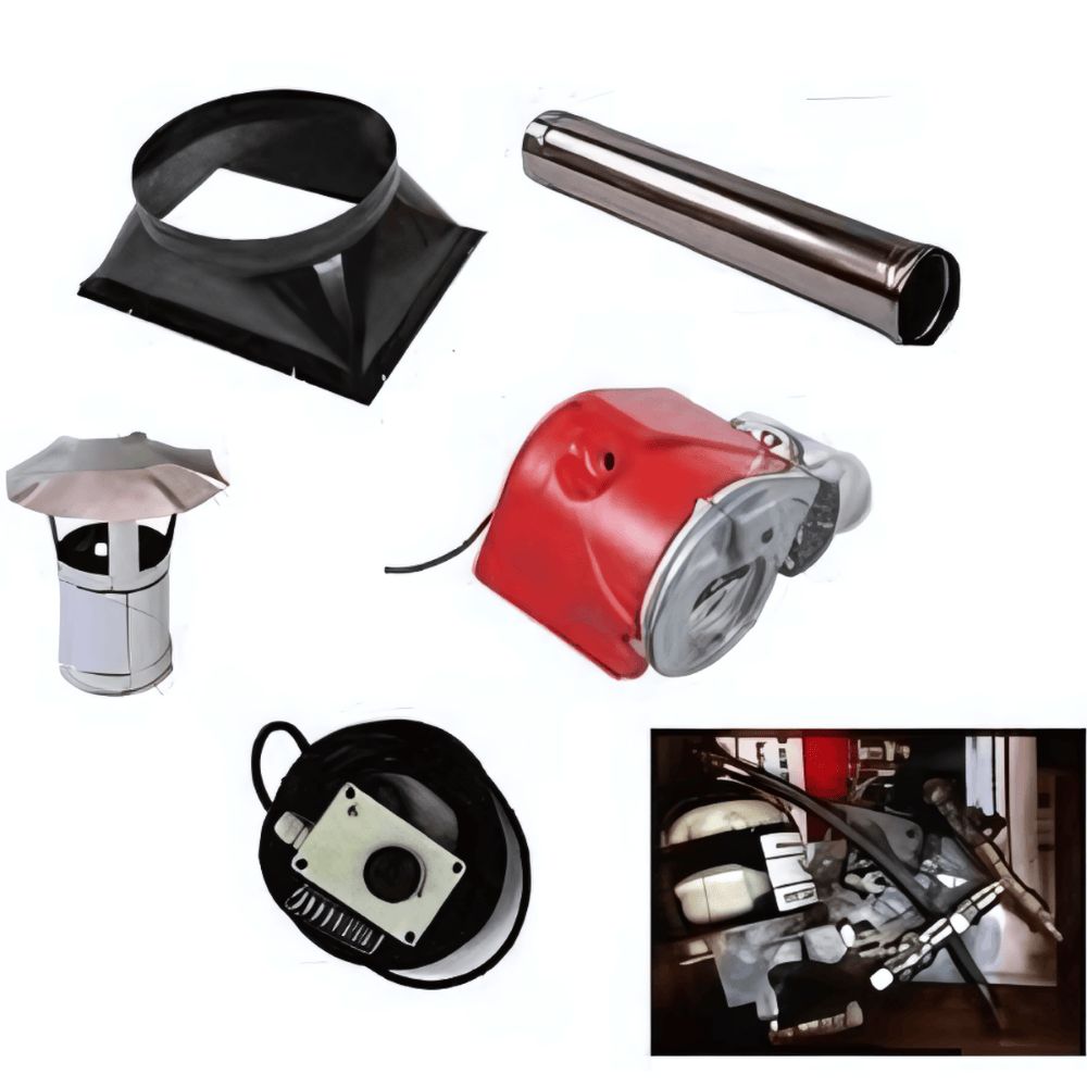 Jumbo 110M ecoflam burner, tigerloop, 1 way adaptor, flue, cowl, thermostat