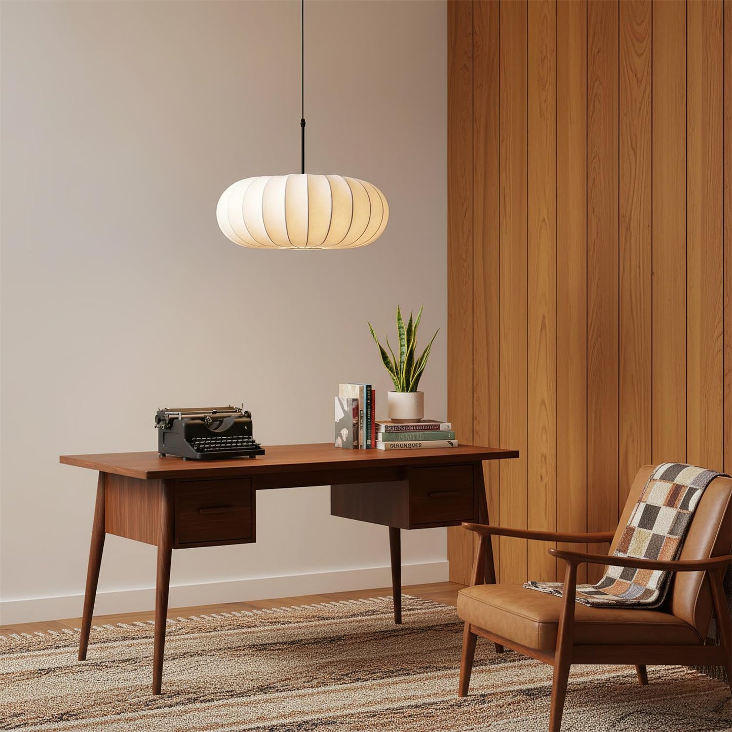Ribbed Oval Pendant Light With Segmented Shade