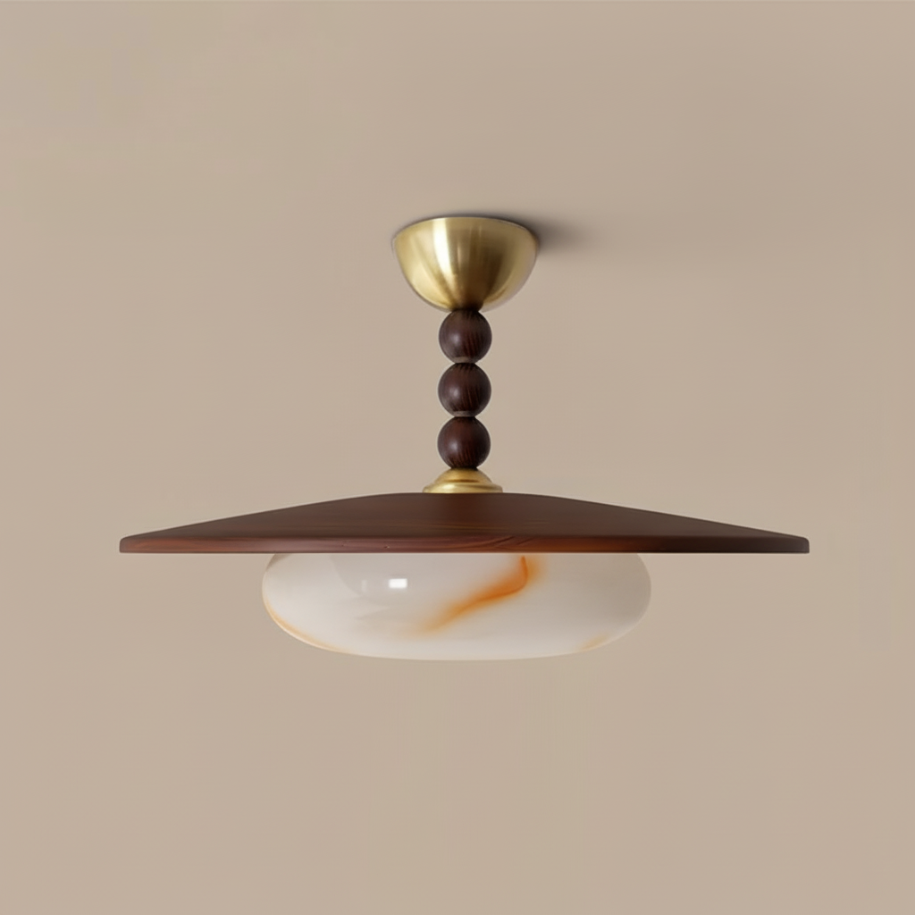 Wood And Glass Semi Flush Ceiling Light With Brass Fitting