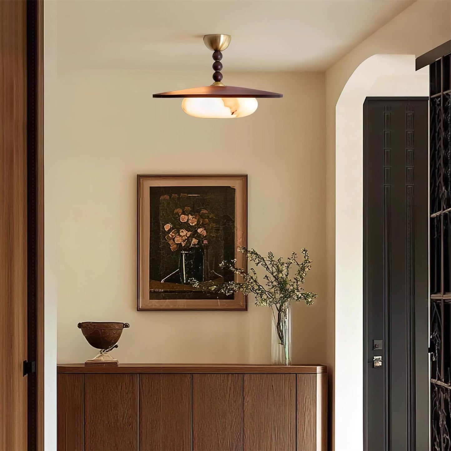Wood And Glass Semi Flush Ceiling Light With Brass Fitting